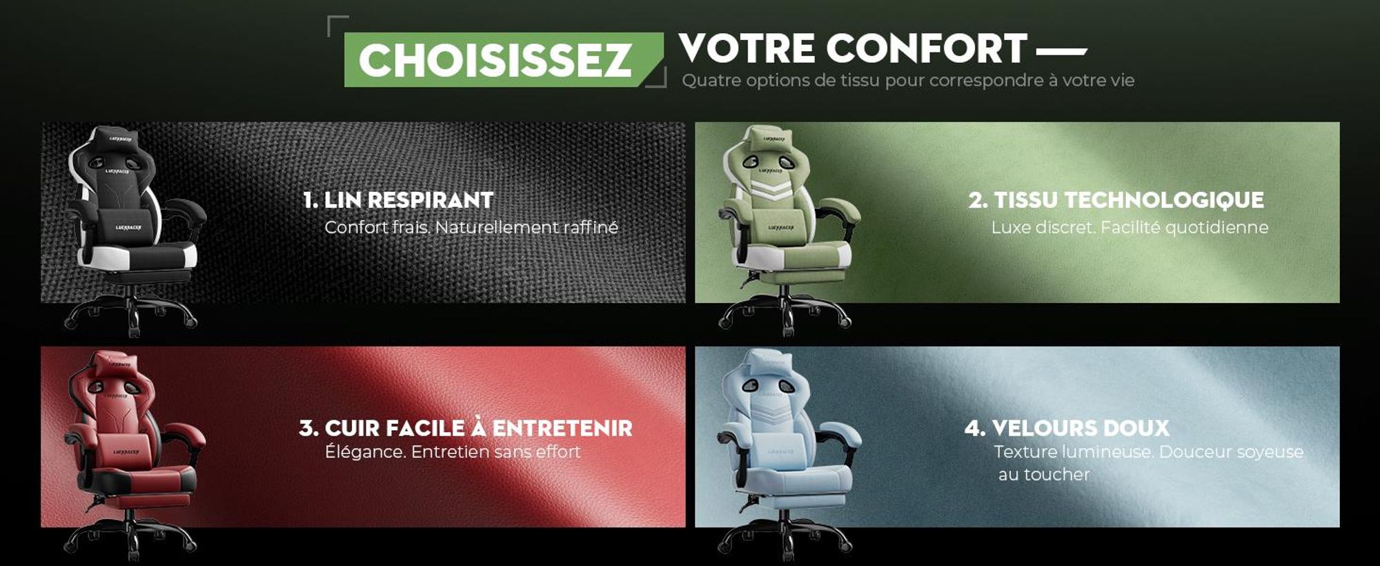LUCKRACER Chaise de jeu, chaise de bureau avec accoudoirs reliés, coussin en mousse à mémoire, angle d'inclinaison de 90-155° et repose-pieds, tissu fonctionnel résistant