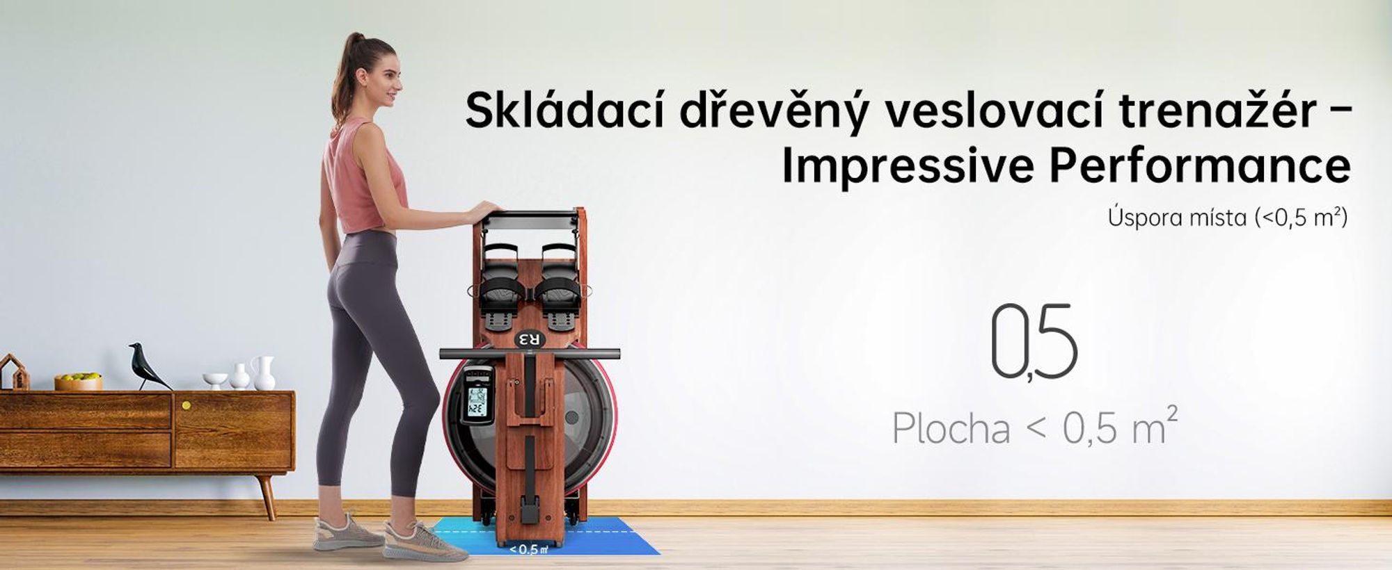 JASPORT R3 skladací vodný veslovací trenažér na doma z ho dubového dreva Bluetooth, LCD, Kinomap, 28 l, do 150 kg – Sapele