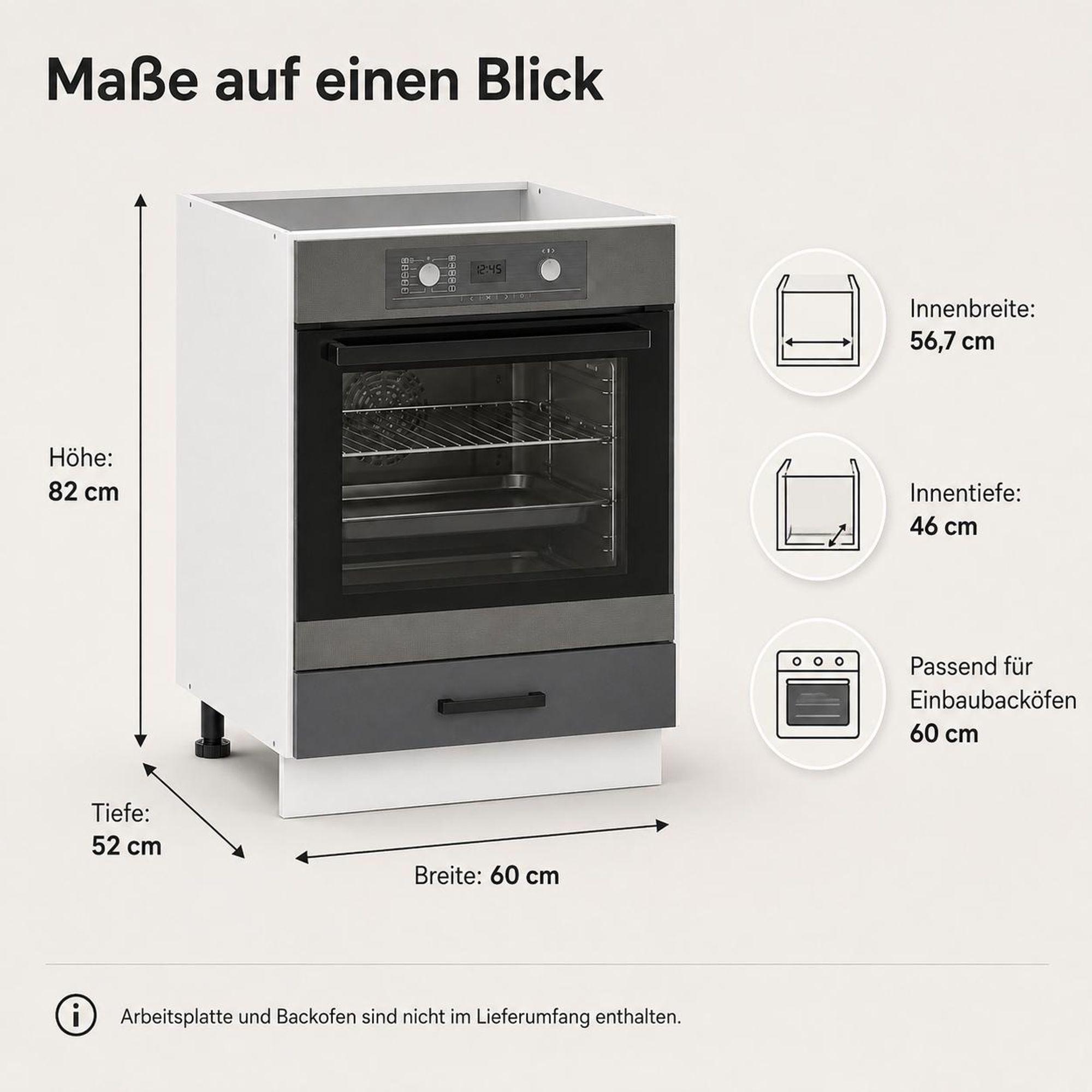 Herd-Umbauschrank 60 cm Anthrazit: Produktmaße, Nischenbreite & Nischentiefe.