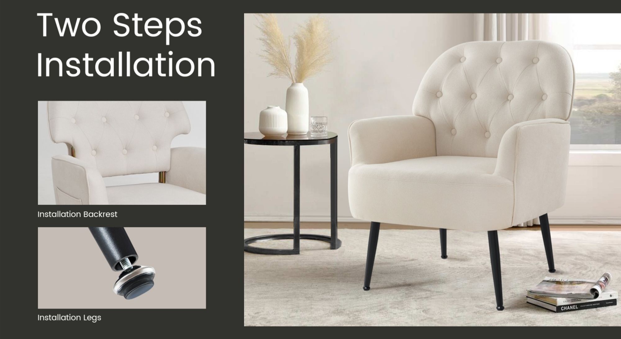 IWMH Sessel, Retro Fernsehsessel mit Metallbeinen, Ohrensessel mit Gepolsterter Rückenlehne, Loungesessel für Haus und Büro - Leinen - Beige