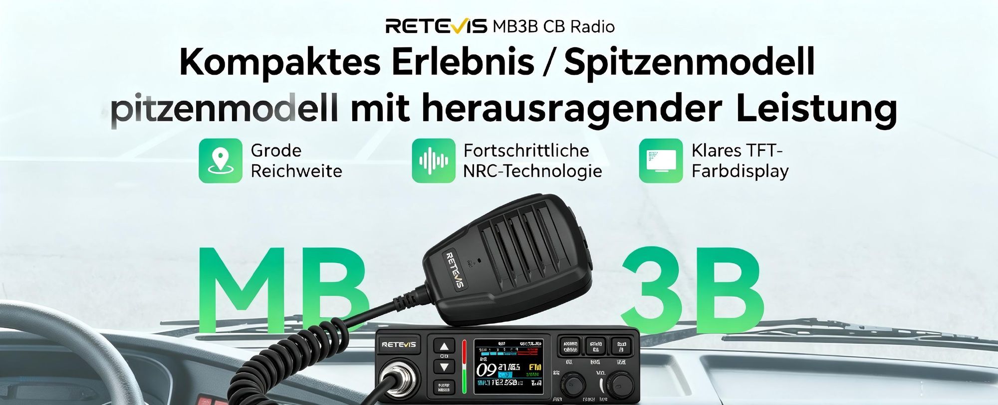 Retevis MB63B CB Funkgerät mit Antenne, AM/FM CB-Funkgeräte, LCD-Farbdisplay, NRC Rauschunterdrückung, CTCSS/DCS, VOX, 80 Kanäle, EMG CH9/19