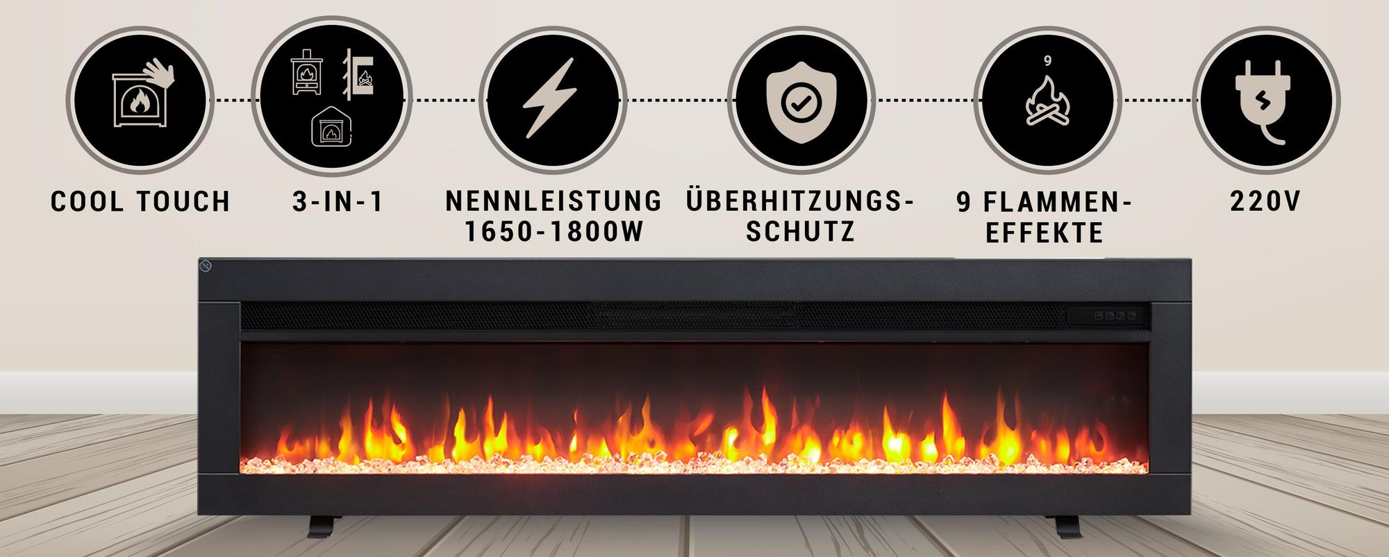 BALDERIA Elektrokamin Agnes 50" | 3in1 Stand/Wand/Einbaukamin, 3D-Flammeneffekt, dimmbar, Heizung 1800W, Timer, Thermostat, Startsteuerung | Schwarz