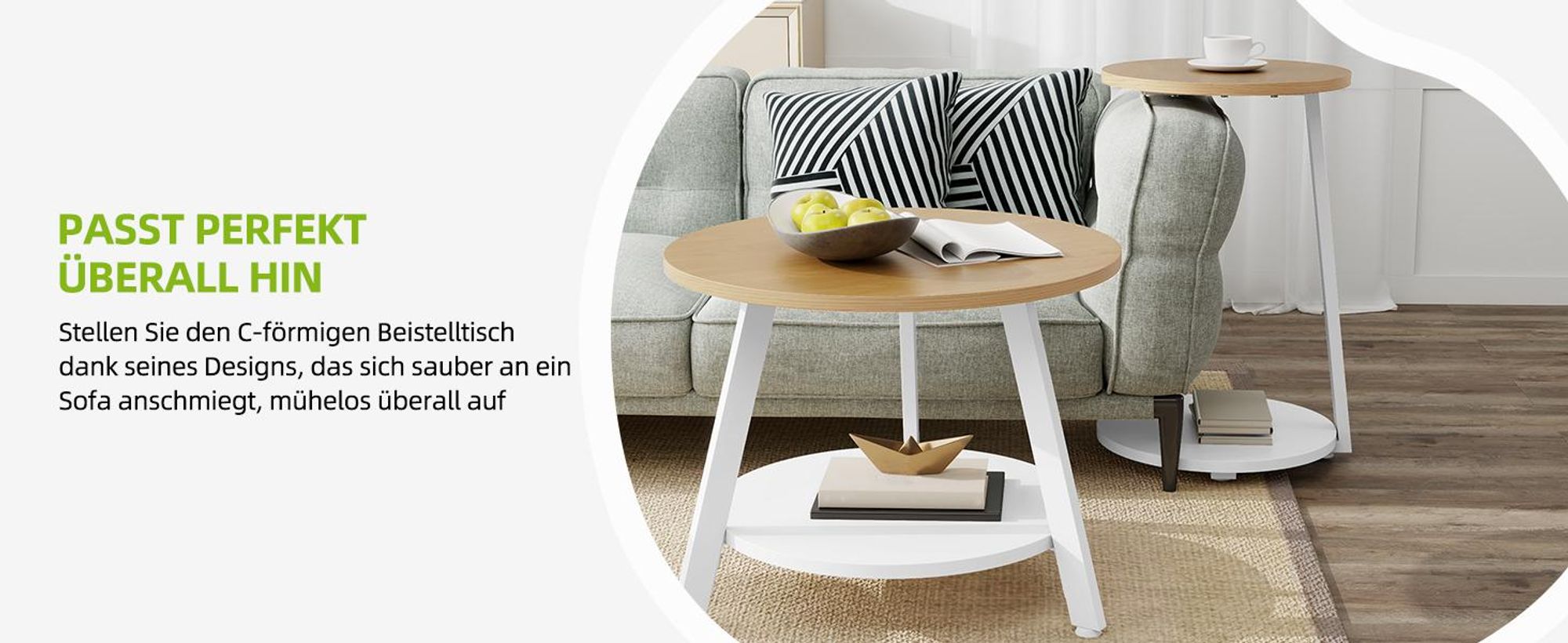 Couchtisch 2er-Set Rund, Beistelltisch, Wohnzimmertisch, Sofatisch, Satztisch Metallgestell, 38x38x60,5cm, 58x58x44cm, Weiß