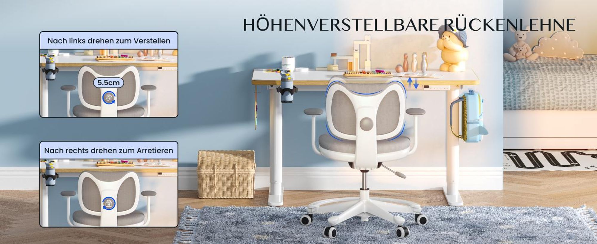 FLEXISPOT Kinderschreibtisch und Stuhl Set, elektrisch höhenverstellbar Schreibtisch, für Kinder ab 6 Jahren, mit 3 Speicherplätzen, Kindersicherung