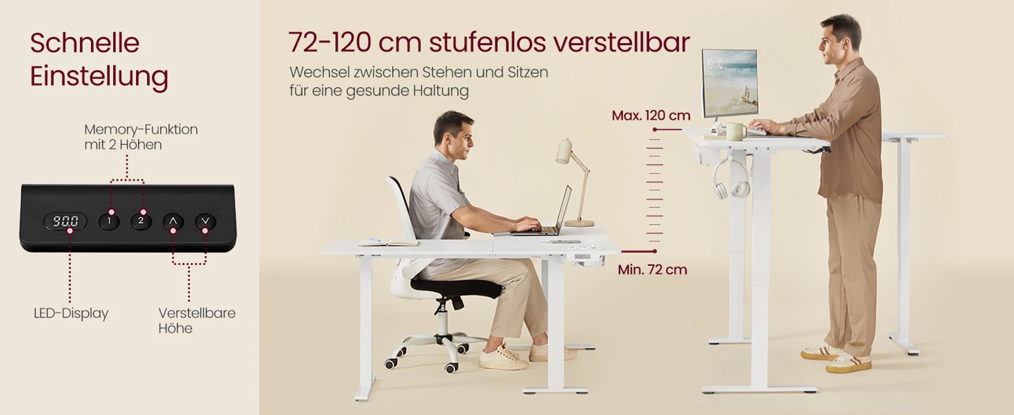 VASAGLE Höhenverstellbarer Schreibtisch elektrisch, L-förm, 160 cm, mit Ladestation, Memory-Funktion