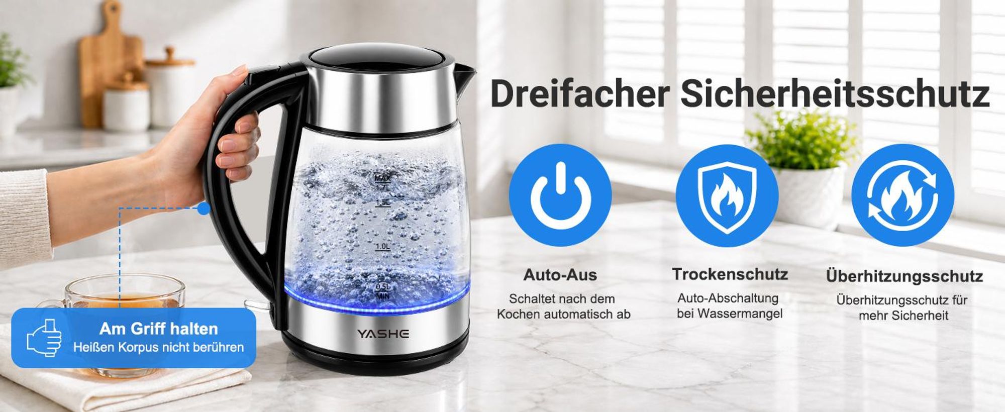 YASHE Wasserkocher Glas 1,7L 2200W mit Schnellkochfunktion und LED-Licht
