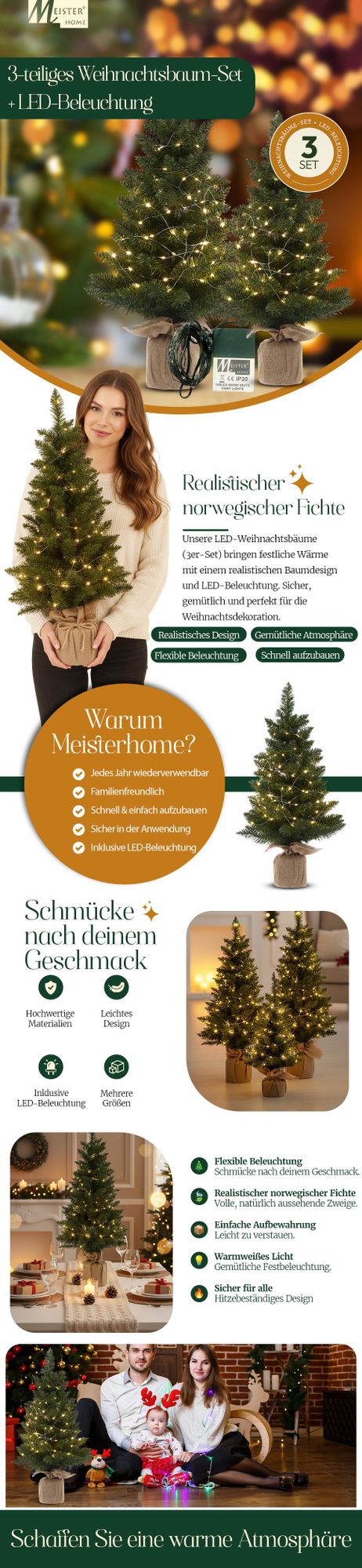 Meisterhome® Künstlicher Weihnachtsbaum – 3-teiliges Set mit LED-Beleuchtung – Höhen 75 cm, 90 cm & 120 cm – Christbaum Kunstbaum Weihnachtsdeko