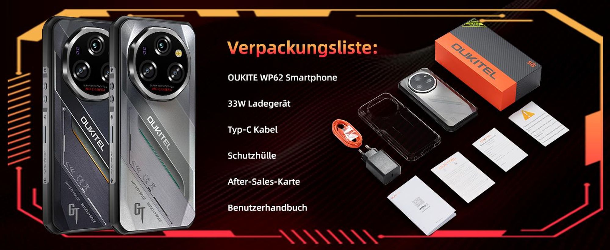 OUKITEL WP62 5G Outdoor Handy Android 15, 48GB+512GB/2TB Outdoor Smartphone Ohne Vertrag11000mAh/33W, 6,6'' FHD+120Hz 108MP+32MP,IP68/OTG/NFC, Silber