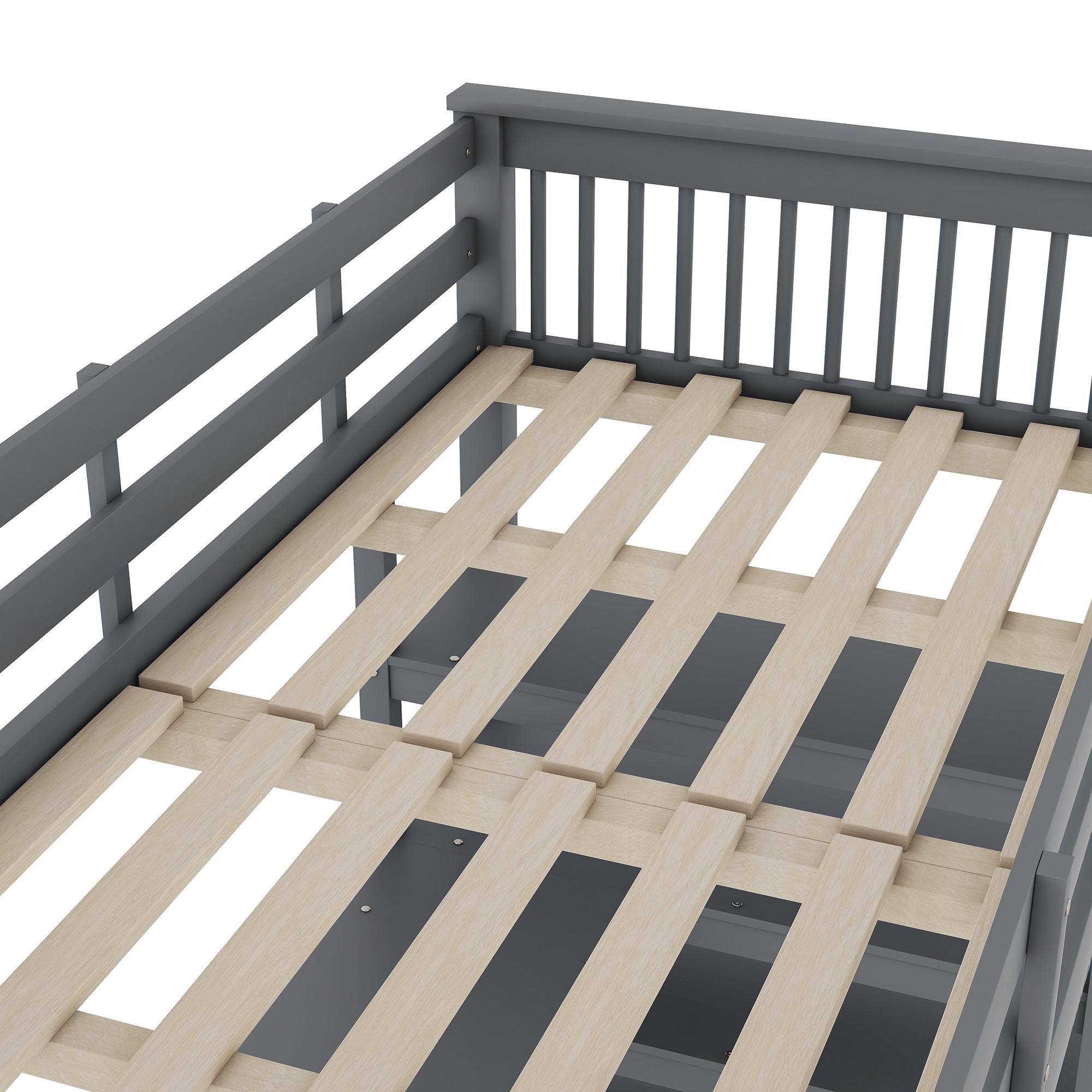 Merax Etagenbett Hochbett 90x200 cm, Kinderbett mit Ablagefächern & Schreibtisch, Stockbett mit Zäune, Jugendbett, Grau