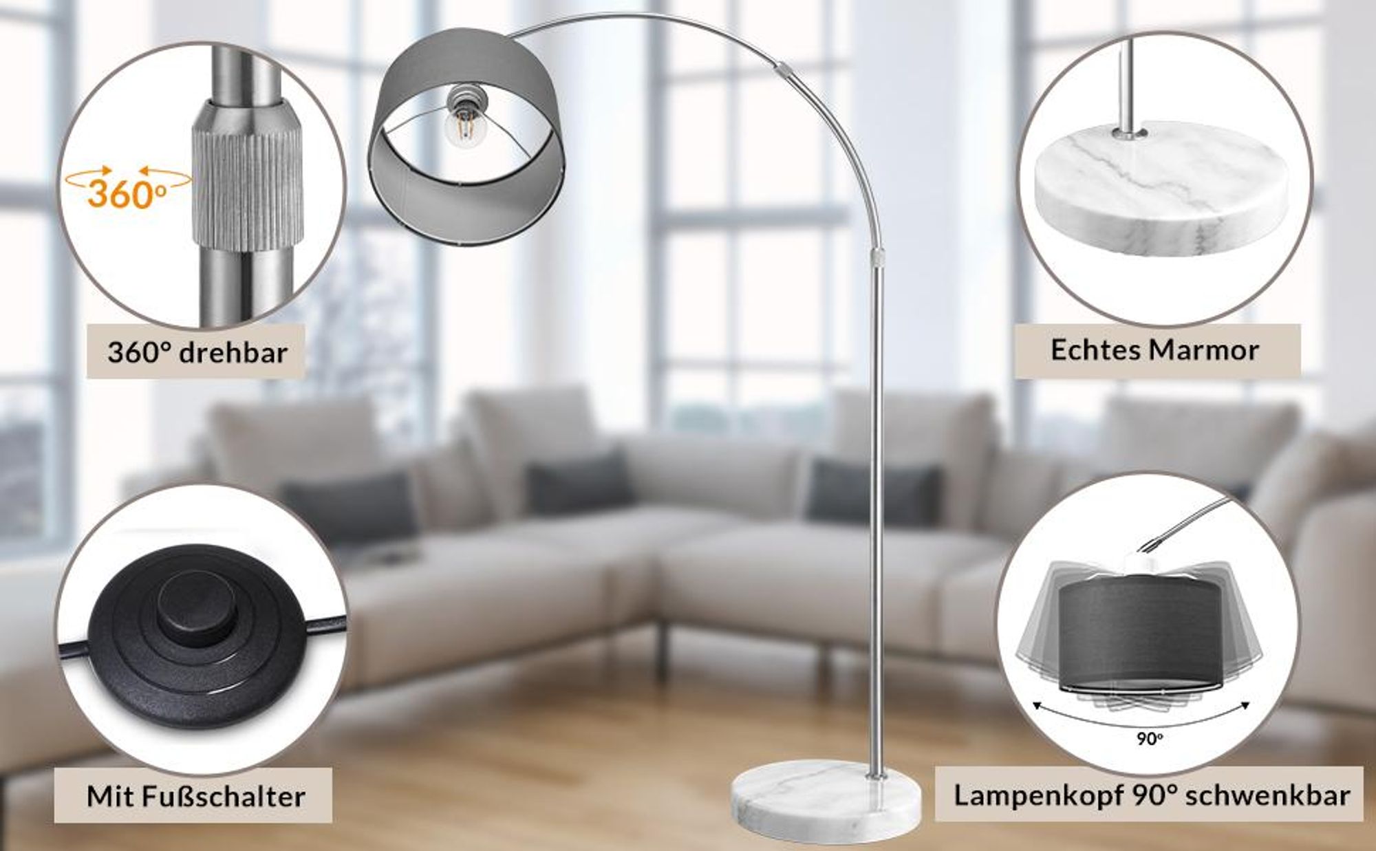 MONZANA® Bogenlampe Stoffschirm Marmorfuß 150-175 cm Höhenverstellbar Fußschalter Schwenkbar E27 Wohnzimmer Schlafzimmer Stehlampe Standleuchte Grau