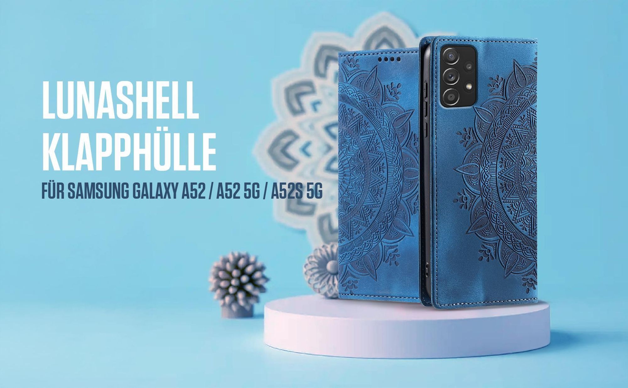Blaue Klapphülle für Samsung Galaxy A52 mit feiner Mandala Prägung