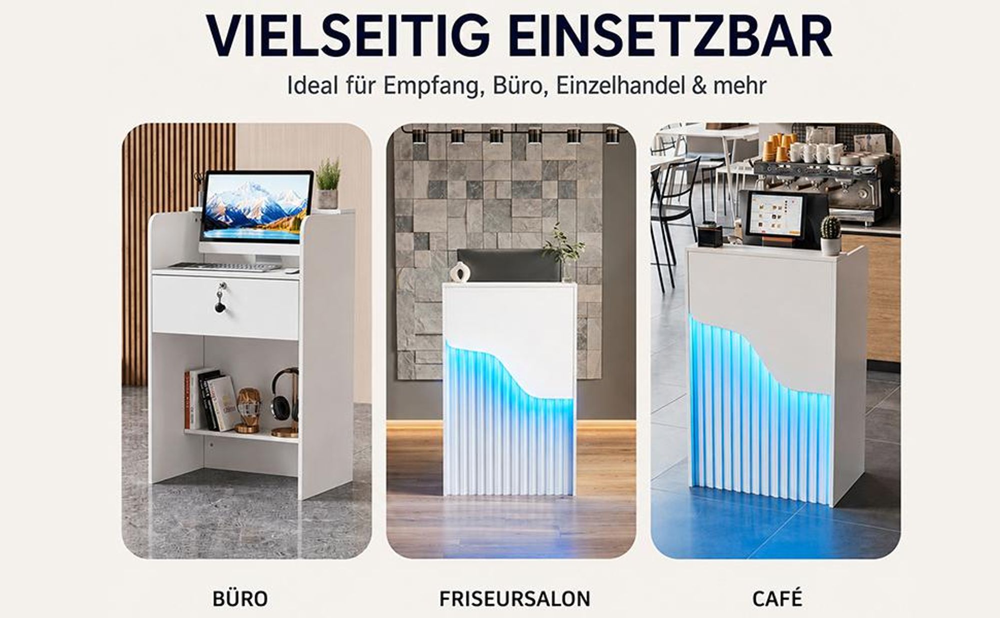 mpfangstheke mit LED-Beleuchtung, Moderner Rezeptionstresen mit abschließbarer Schublade, Kompakter Empfangstisch für Salon, Büro, 40 x 60 x 96CM