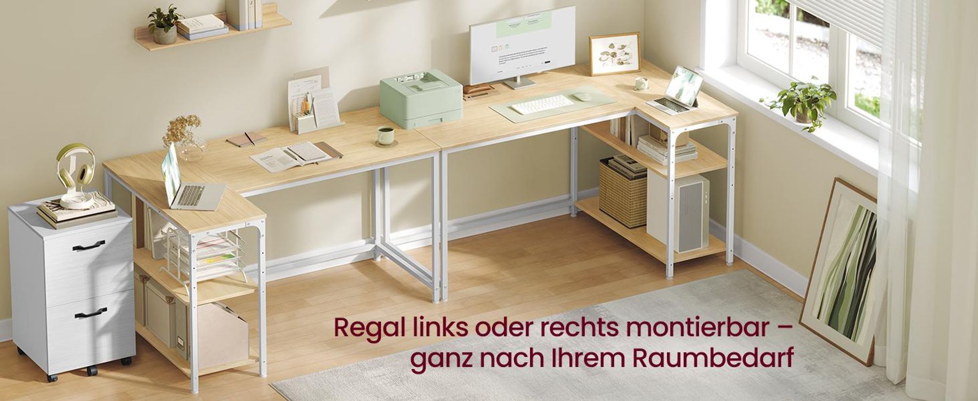 VASAGLE Schreibtisch mit Stauraum, L-Form Computertisch, höhenverstellbare Ablage, Büro, 120 x 80 cm, Natureichenfarben und Mattweiß