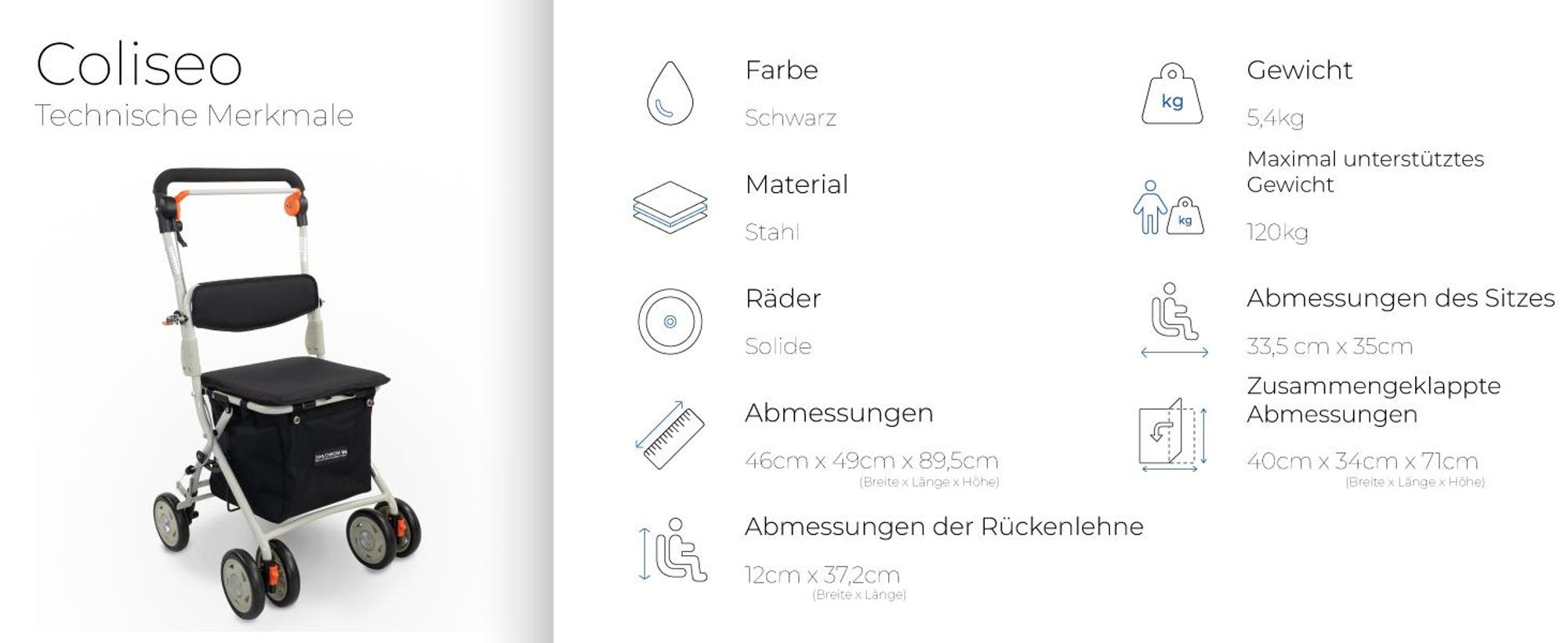 Mpbiclinic Rollator mit Korb Shopper rollator Einkaufstasche und Sitz Zusammenklappbarer Rollator 21 L Coliseo Einkaufswagen 4 Rädern Stahl