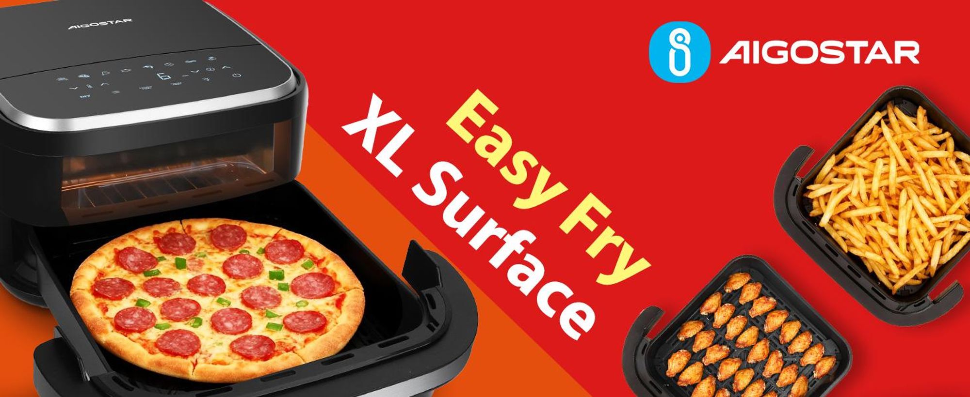 Aigostar Heißluftfritteuse XL 745 cm² Garfläche, Pizzafunktion, Doppelheizung, Sichtfenster, 11 Programmen 2200 W leiser, Extra-Crisp Technologie