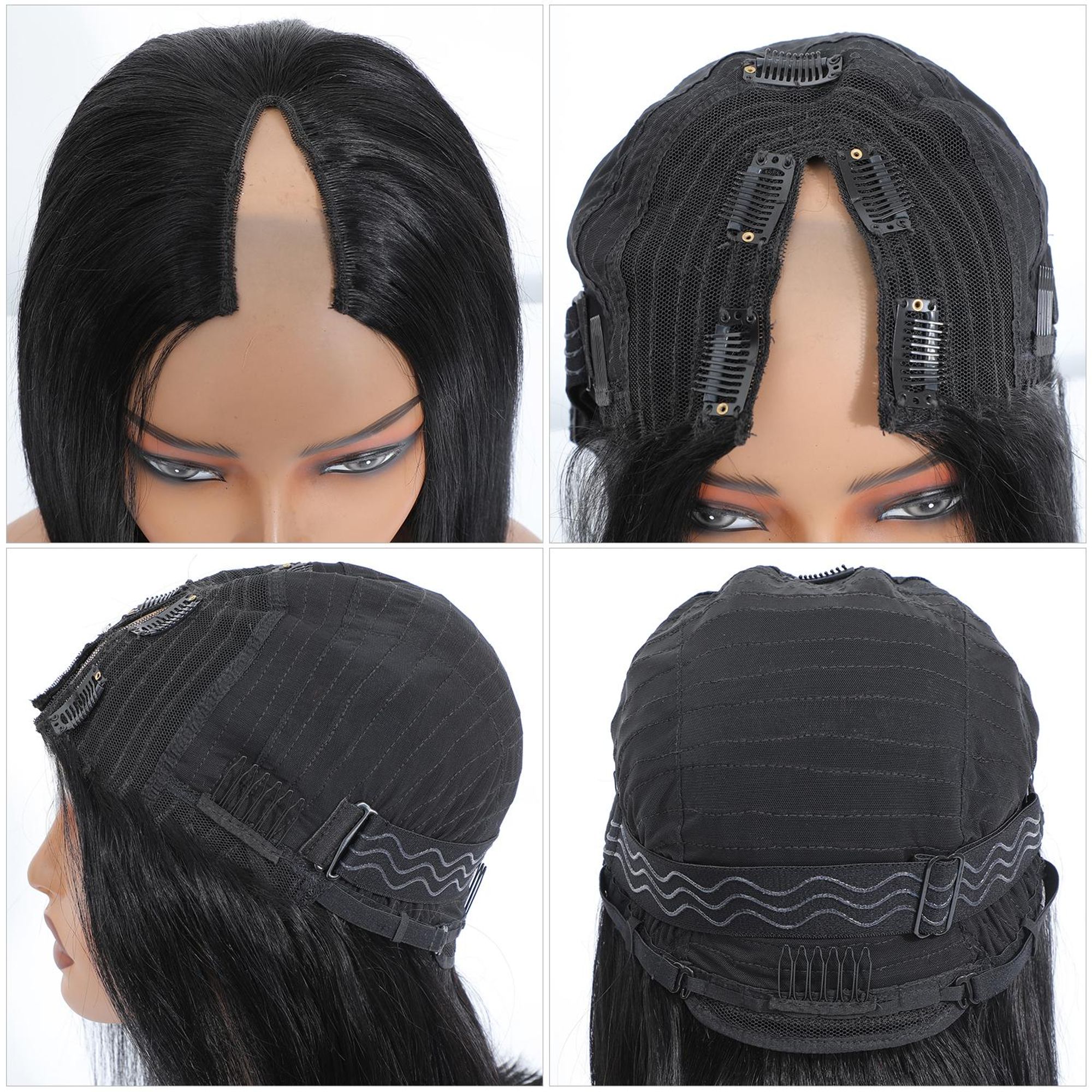 SassyGoods Perücke V-Part aus 100% Echtem Remy-Haar – Langhaar Damenperücke – Schwarze Perücke 1B – 55 cm Human Hair Wig