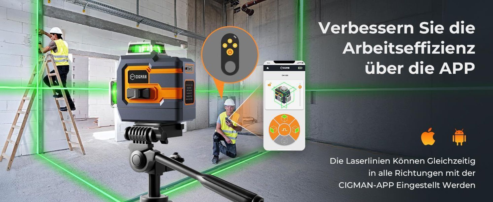 CIGMAN CM-S01 3D laserový nivelační přístroj - 3x360°, ovládání přes APP, zelený laser, IP54