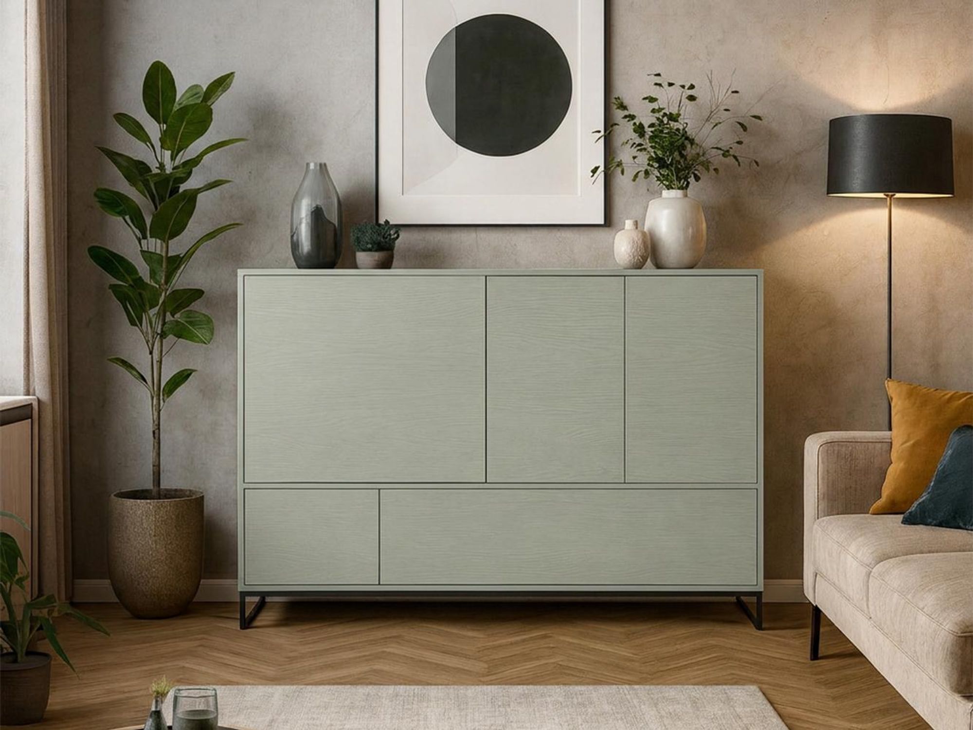 BEAUTYSOFA | Kommode GIANA 160x45x120 cm – Moderne Türkommode mit 5 Schränken, stilvolle Kombikommode in Eukalyptus
