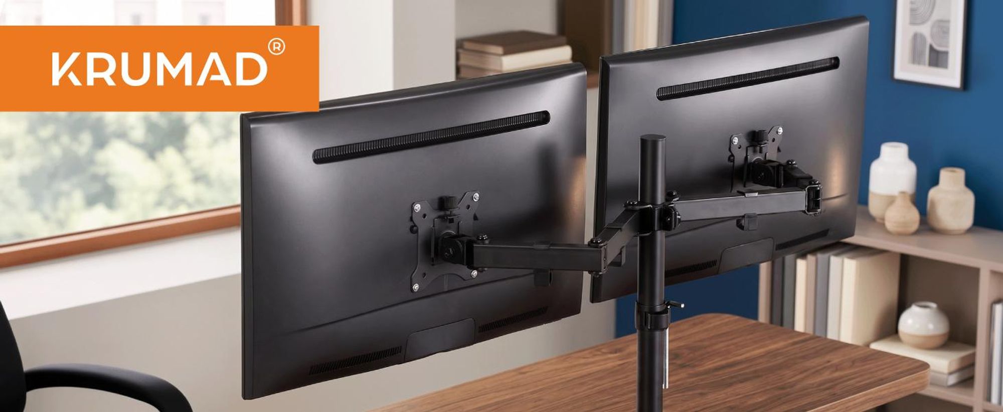 KRUMAD Monitor Halterung für 2 Monitore, 13–27 Zoll, Dual Monitorhalterung 360° Drehung, Bildschirmhalterung bis 9 kg, inkl. Montage System, Schwarz