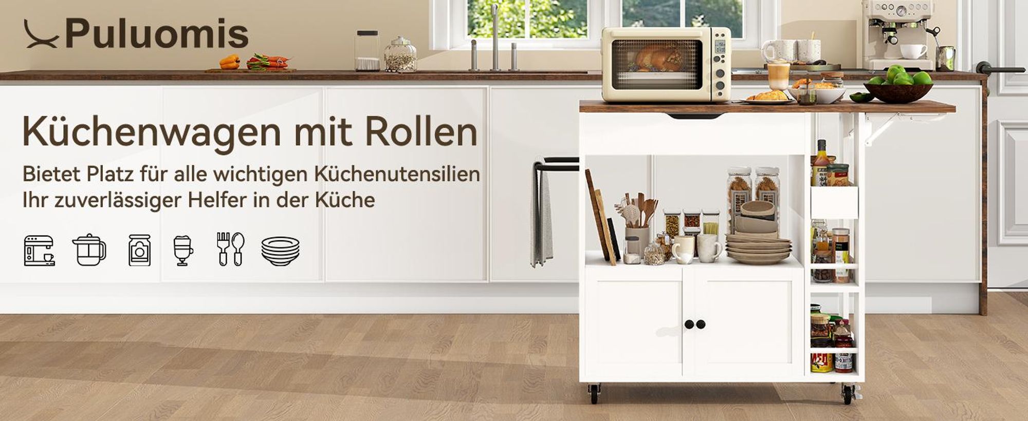 Puluomis Küchenwagen Servierwagen mit erweiterbare Arbeitsplatte, Handtuchhalter, 360° Rollen mit Bremsen, 104x40x89 cm, Mobiler Wagen mit Gewürzregal