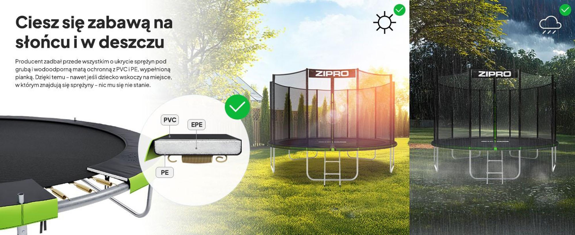 Trampolina ZIPRO Jump Pro Out | 8FT Ø 252 cm | Trampolina ogrodowa dla dzieci Kompletny zestaw zawierający siatkę zewnętrzną, drabinkę i osłonę krawędzi, do użytku na zewnątrz, kolor zielony