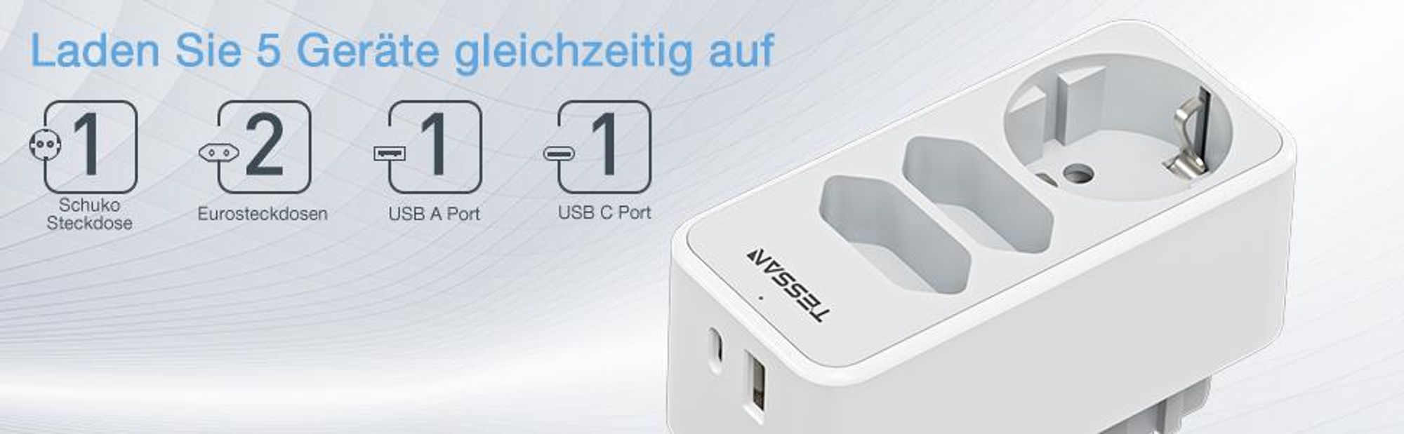 TESSAN Mehrfachstecker für Steckdose Steckdosenadapter 3 Fach mit 1 USB A und 1 USB C 3600W Grau
