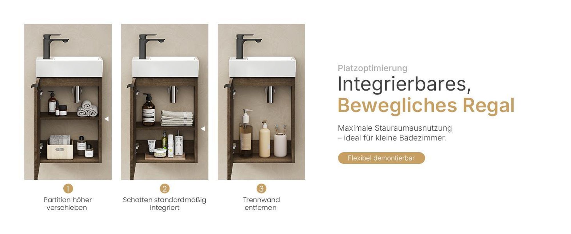 EMKE Waschtisch-Set Waschtischunterschrank mit Keramikbecken 417×240×646 mm wandhängend, Soft-Close, Räuchereiche