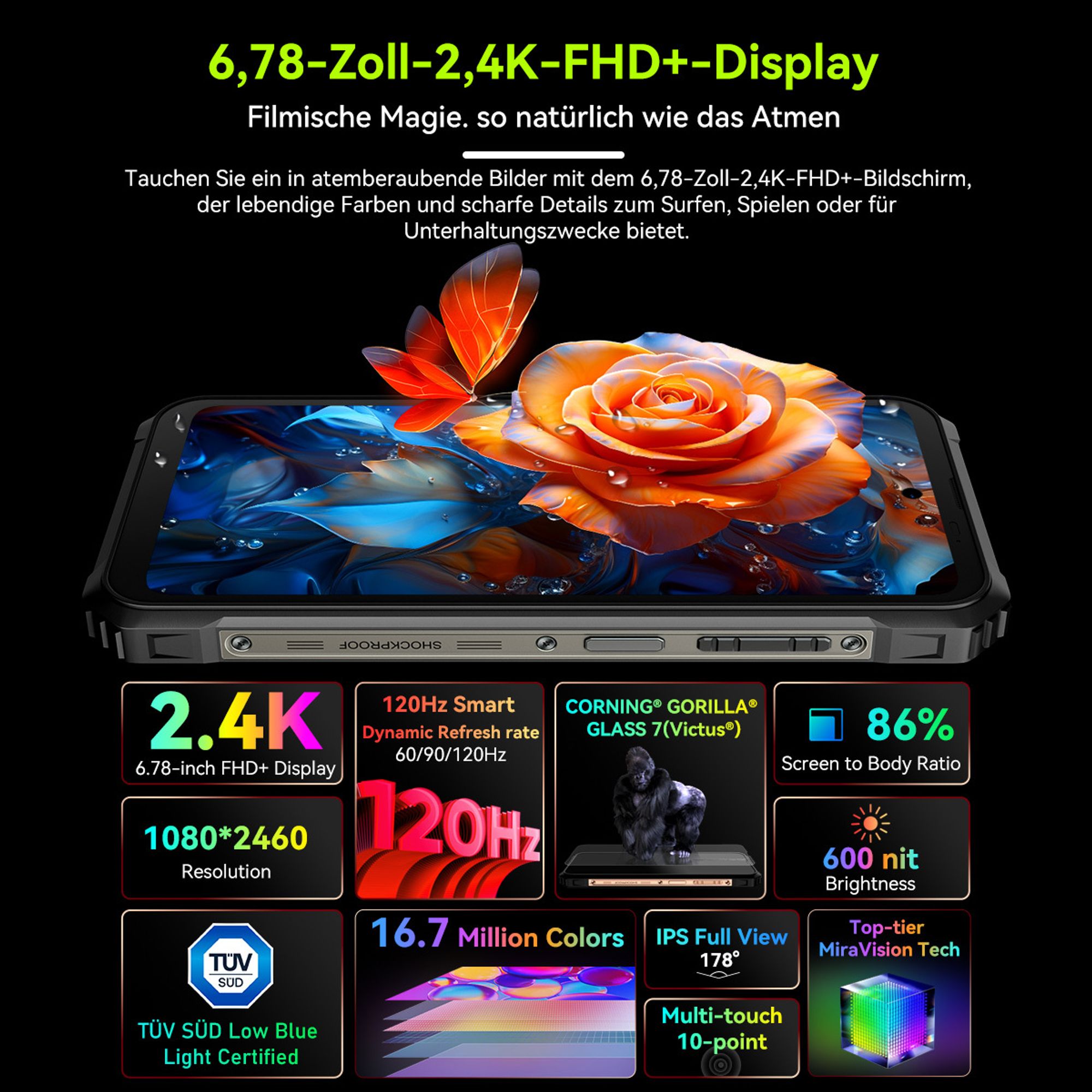 Blackview BL9000 5G AI Outdoor Handy, 24GB RAM 512GB ROM MediaTek Dimensity 8020 Ohne Vertrag,6.78'' FHD+1.32'' Zurück Dsiplay, 8800mAh/120W/NFC