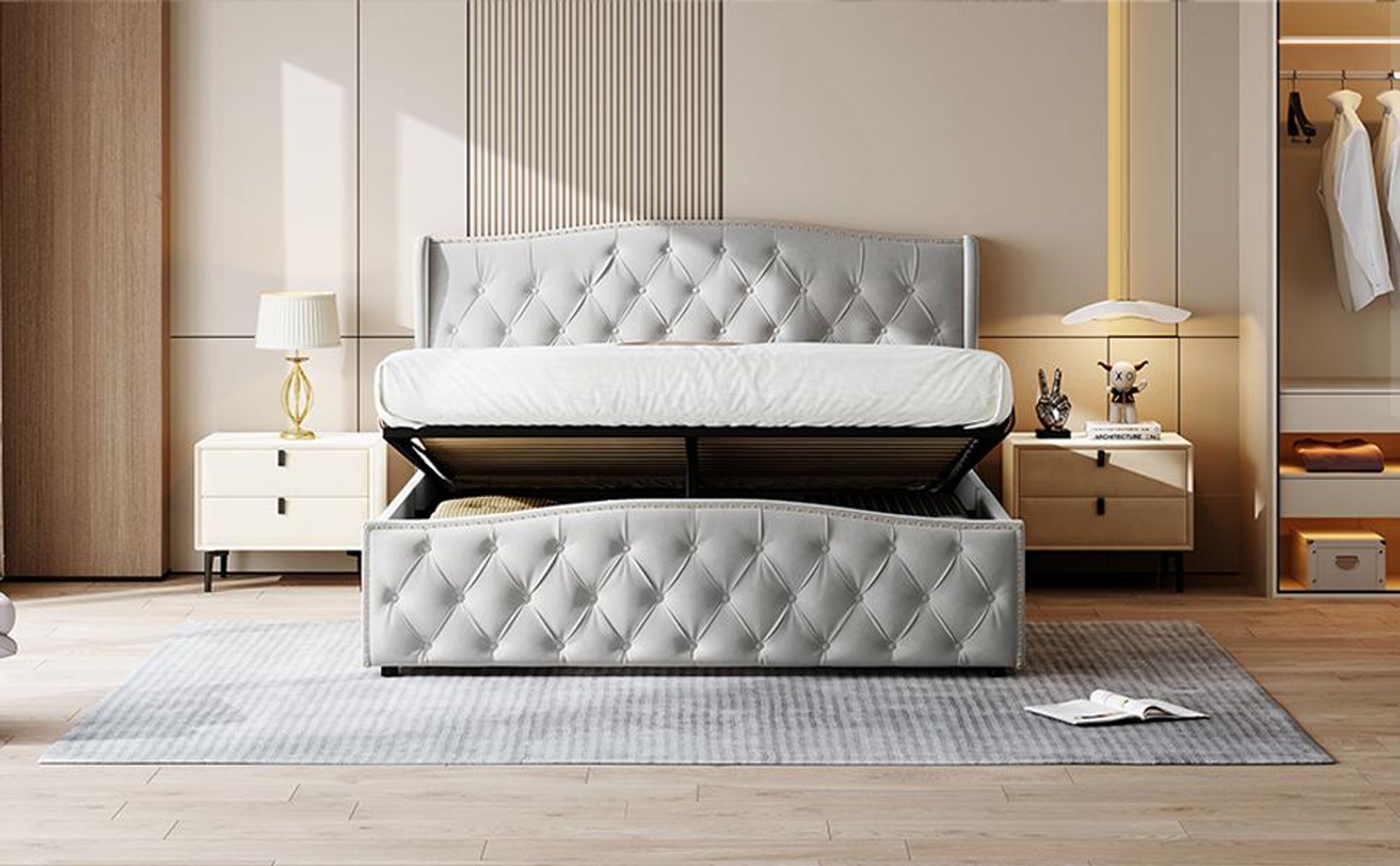 Fortuna Lai Boxspringbett 140x200 cm Doppelbett mit Lattenrost und Bettkasten – Hydraulisches Funktionsbett mit höhenverstellbarem Kopfteil, Samt
