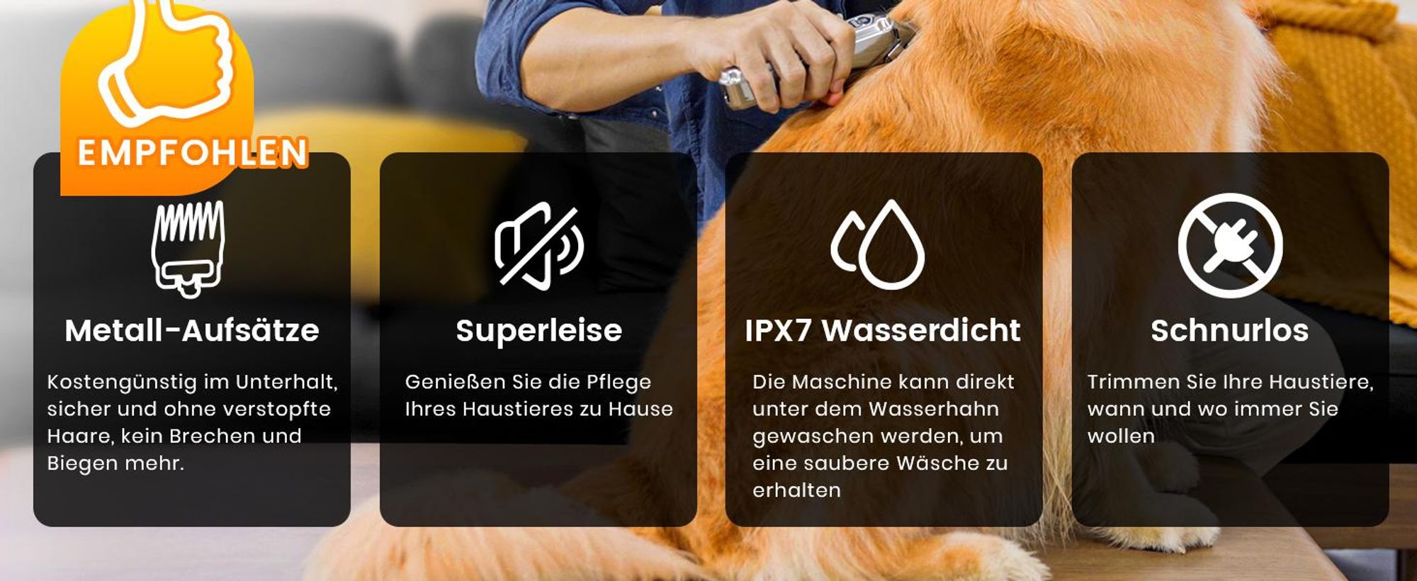 Oneisall Hundeschermaschine für dickes Fell, kabellos & wasserdicht, Metalkämme