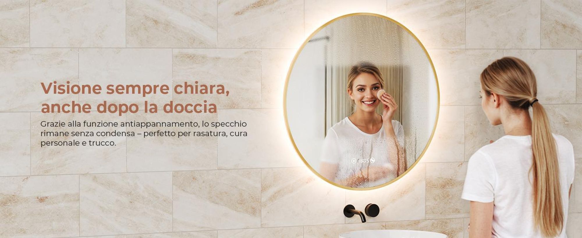S'AFIELINA Specchio da bagno LED Rotondo 70cm, touch, antiappannamento, dimmerabile, orologio, temperatura, memoria, oro