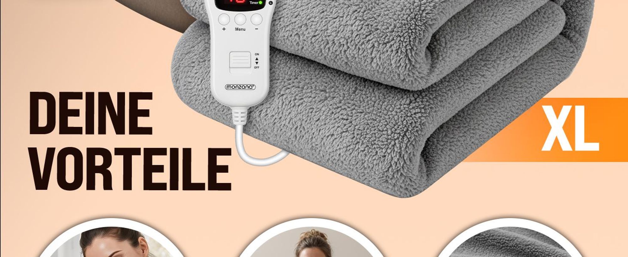 MONZANA® Elektrische Heizdecke 180x130cm 120W 10 Heizstufen 10h Timer Abschaltautomatik Überhitzungsschutz waschbar Teddy Fleece Wärmedecke für Bett