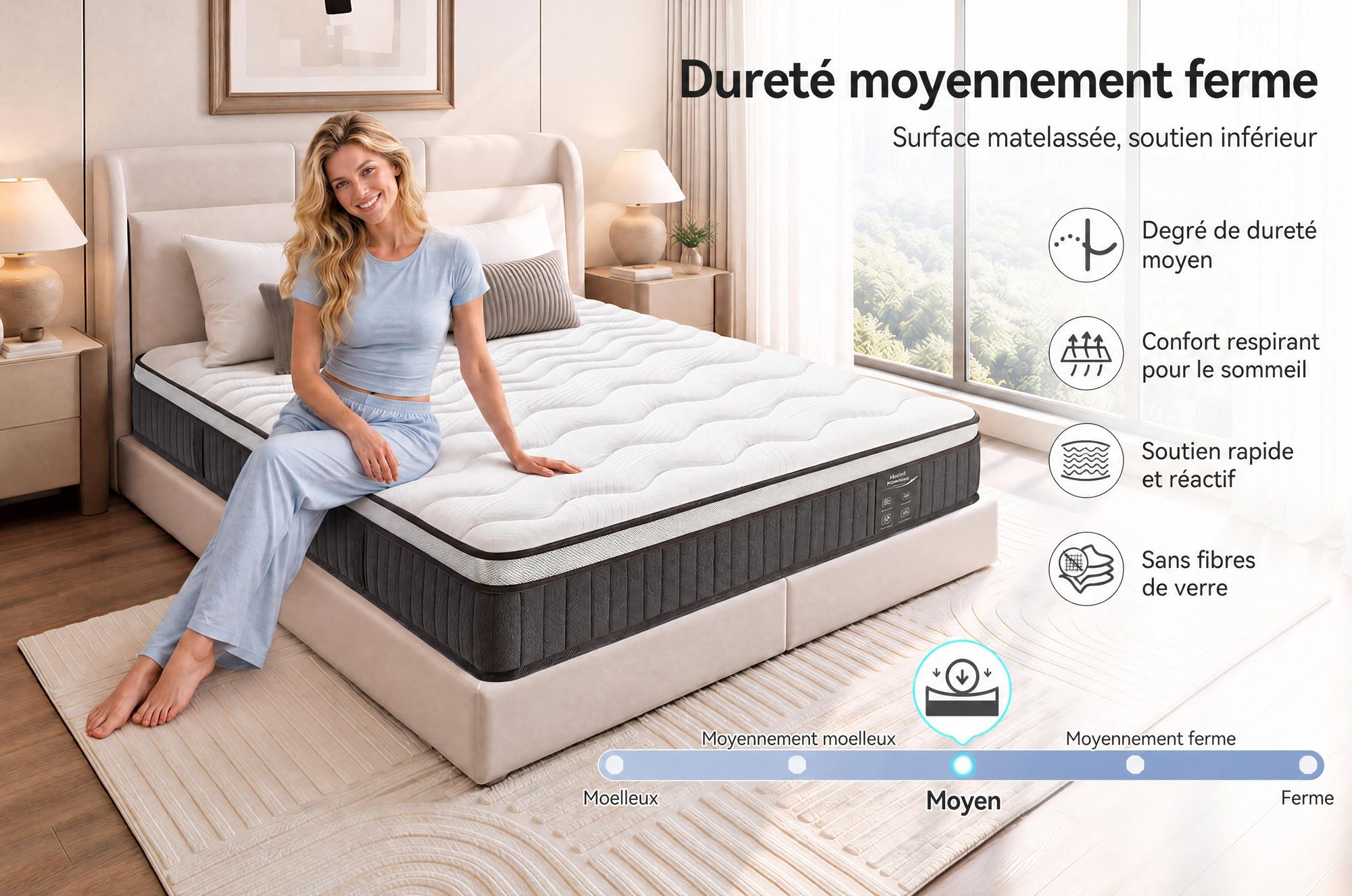 Matelas 180x200 cm, 22 cm d'épaisseur, avec sommier intégré. Matelas à 7 zones avec ressorts ensachés, fermeté H3/H4