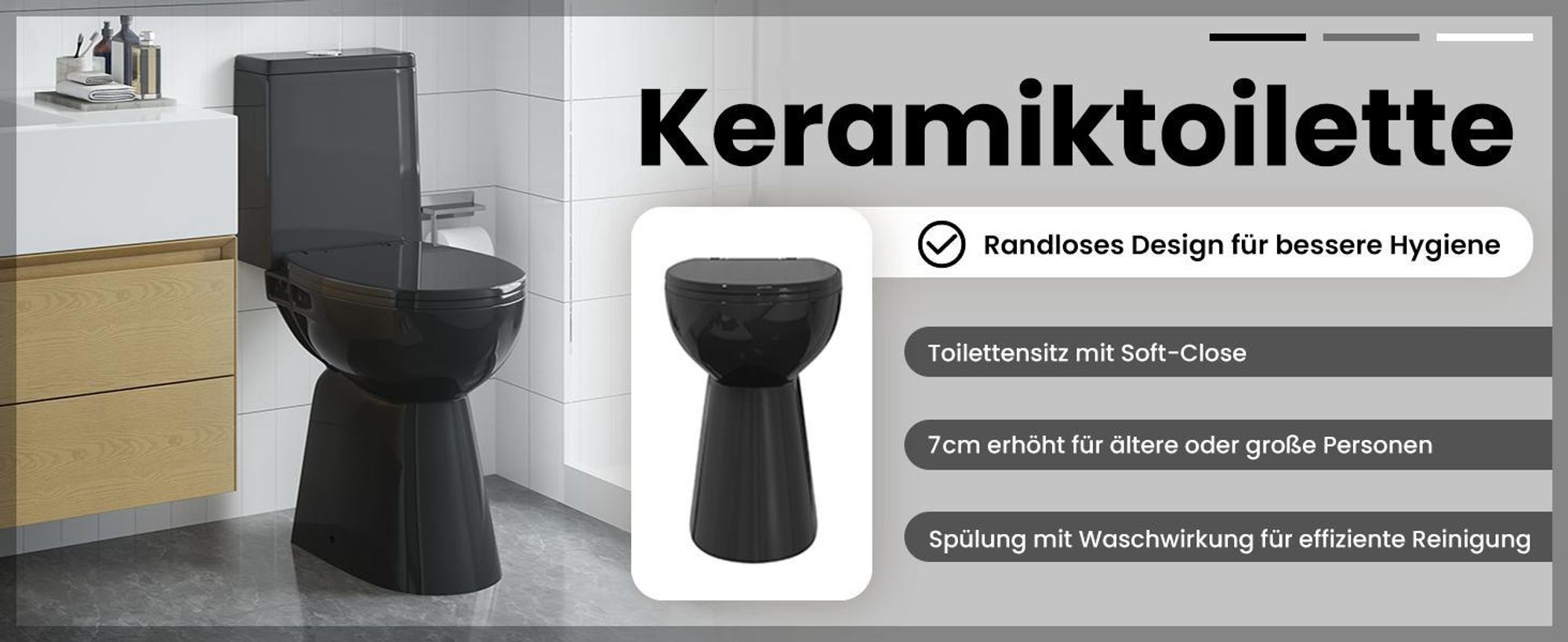 vidaXL Randloses WC 7 cm Extra Höhe Soft-Close Keramik Schwarz