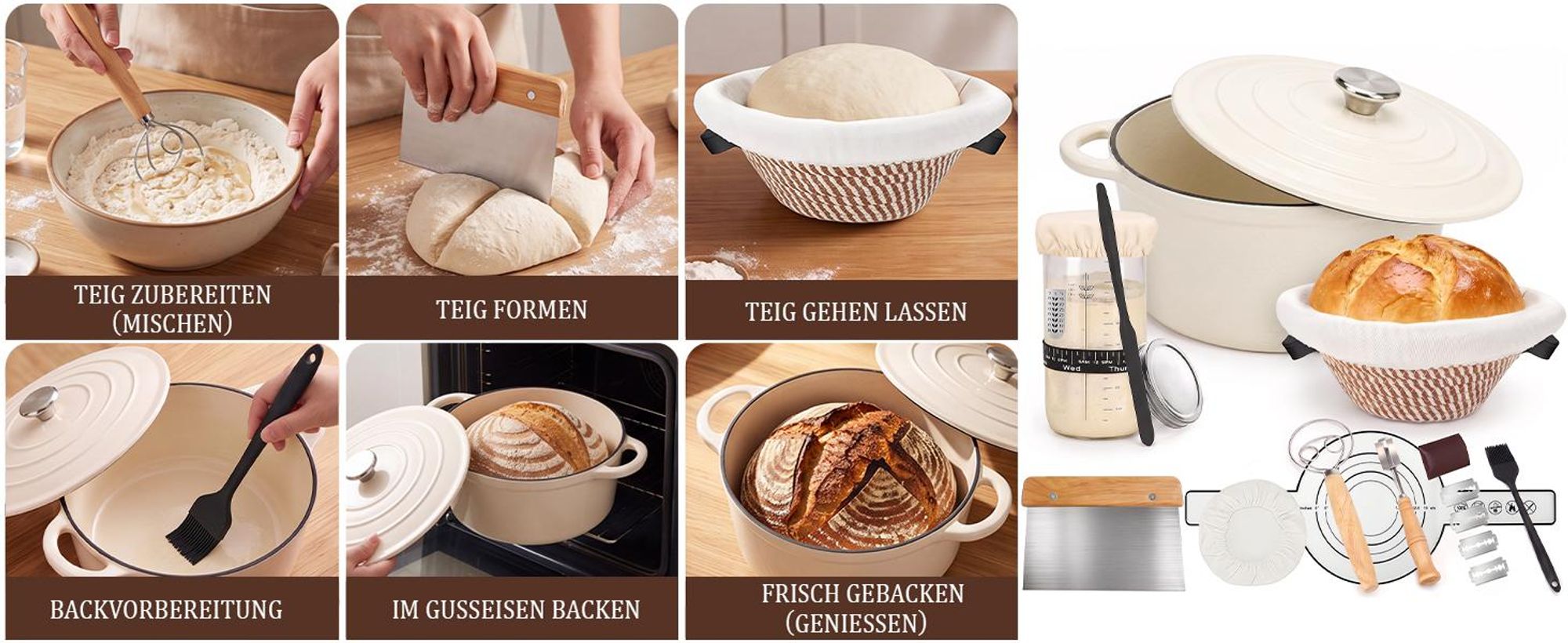 Brotbackset mit Gusseisentopf 4,6 L Ø 26 cm, emaillierter Brotbacktopf mit Deckel, Gärkörbchen 23 cm & Sauerteig-Starterset, Cremeweiß