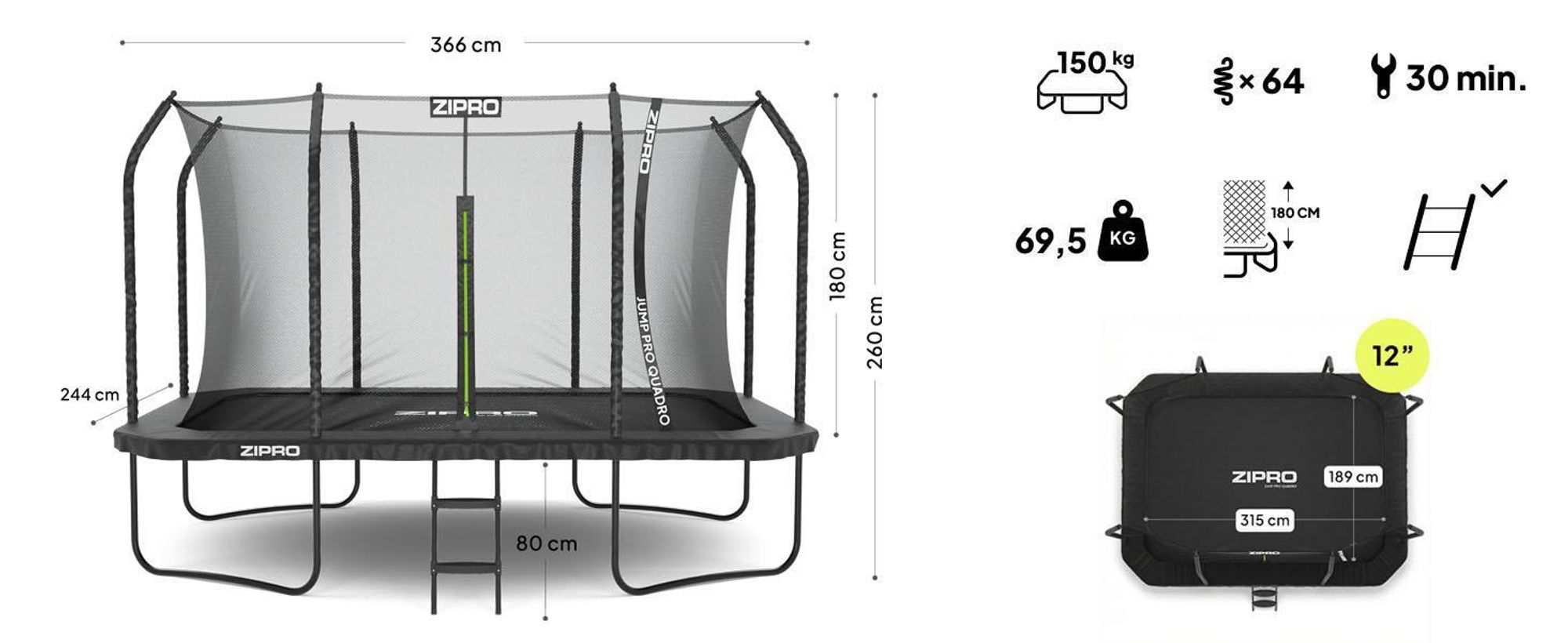 ZIPRO Trampolin Jump Pro Quadro | 12FT 366 x 244 cm | Gartentrampolin Kindertrampolin Komplett-Set inkl. Netz, Leiter & Randabdeckung, Outdoor Quadrat