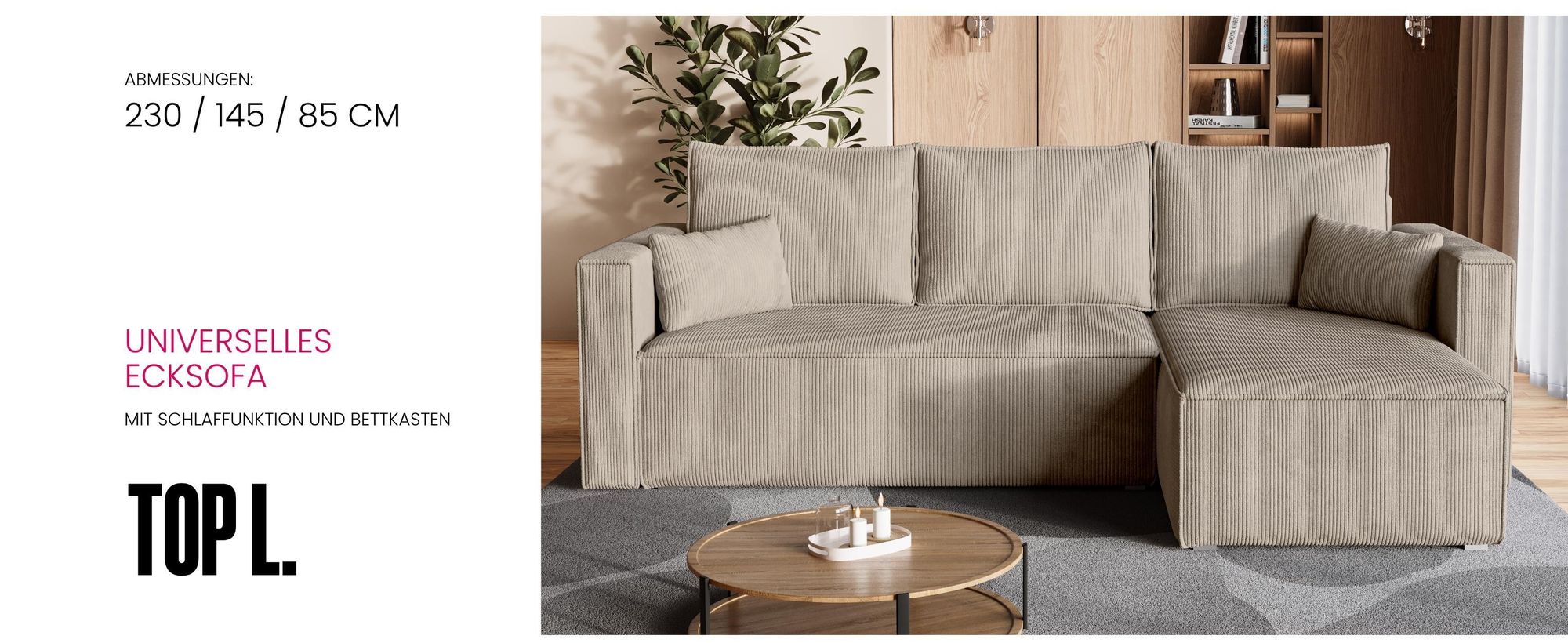 BroMARKT Ecksofa TOP Schlaffunktion Bettkasten L-Form Hellbeige