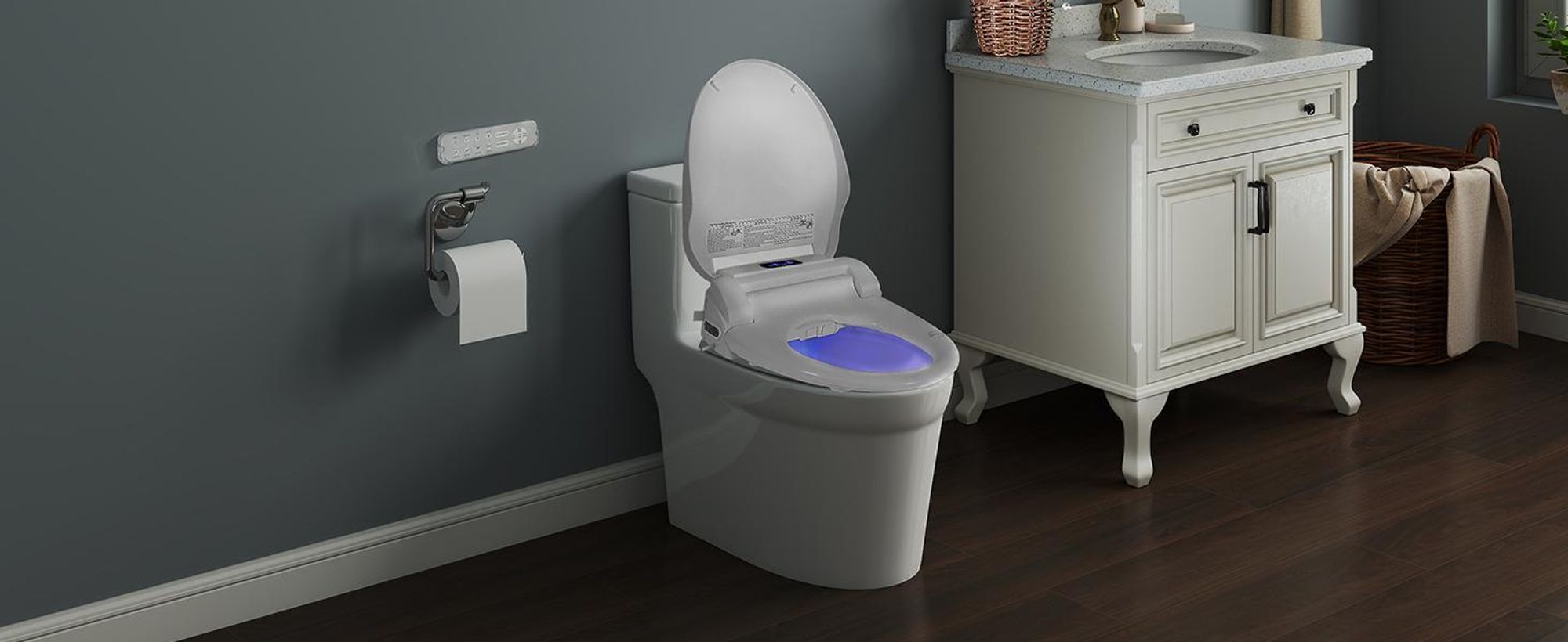Puluomis Toilettensitz mit Fernbedienung, Warmluft, Heizsitz, Selbstreinigende Bidet-Funktion, 3-Temperaturstufen, LCD Display, Dämpfungsdesign kurz