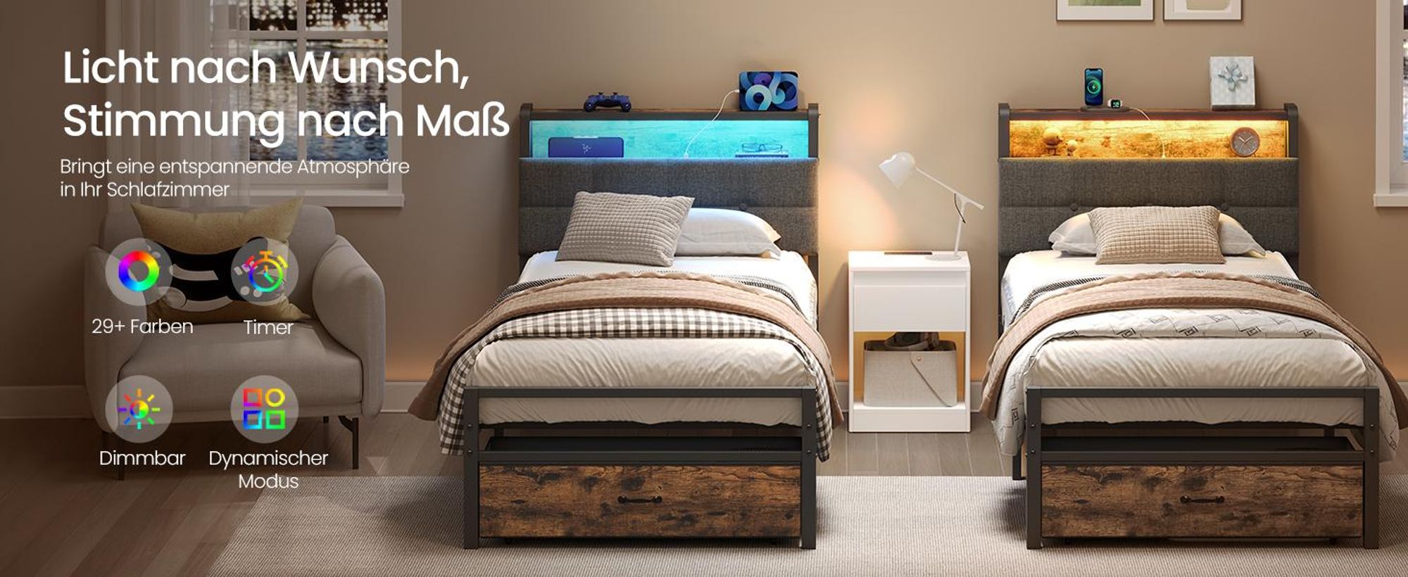 VASAGLE Bettgestell 90 x 200 cm, mit Schublade, LED-Beleuchtung, Schlafzimmer, Kopfteil, schwarz-braun