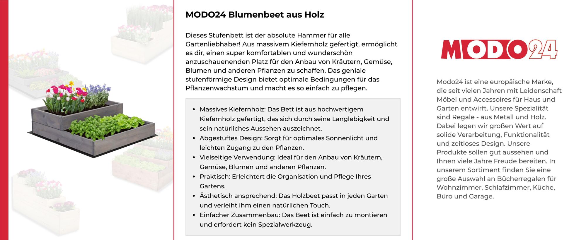 MODO24 Hochbeet Holz, Pflanzkasten, Massivholz, Kiefer, Kräuterbeet, Blumenkasten, Garten, Terrasse, 54x30x120 cm, Grau, ZP07