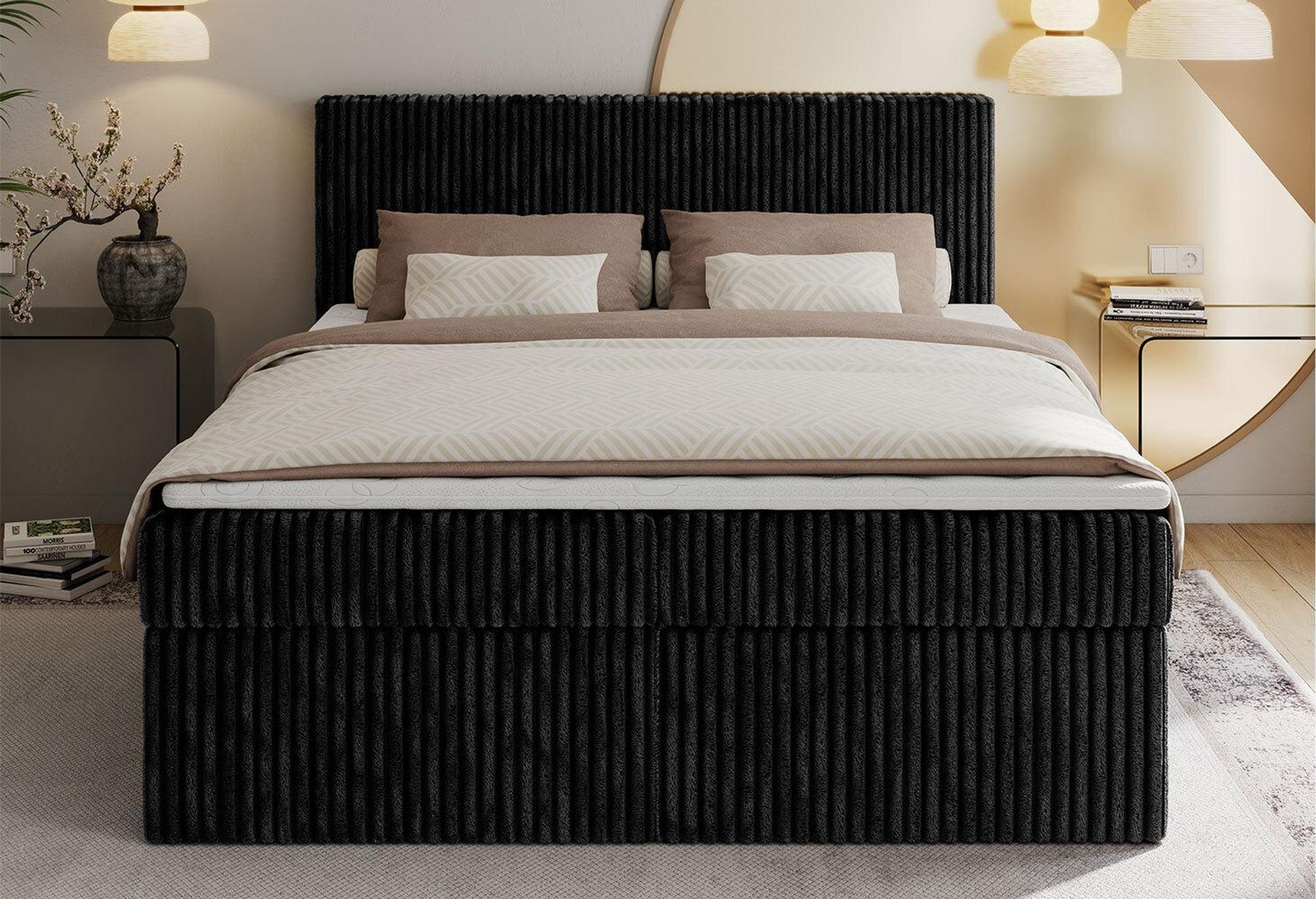 Foto von Boxspringbett. Bett aus schwarzem Cordstoff