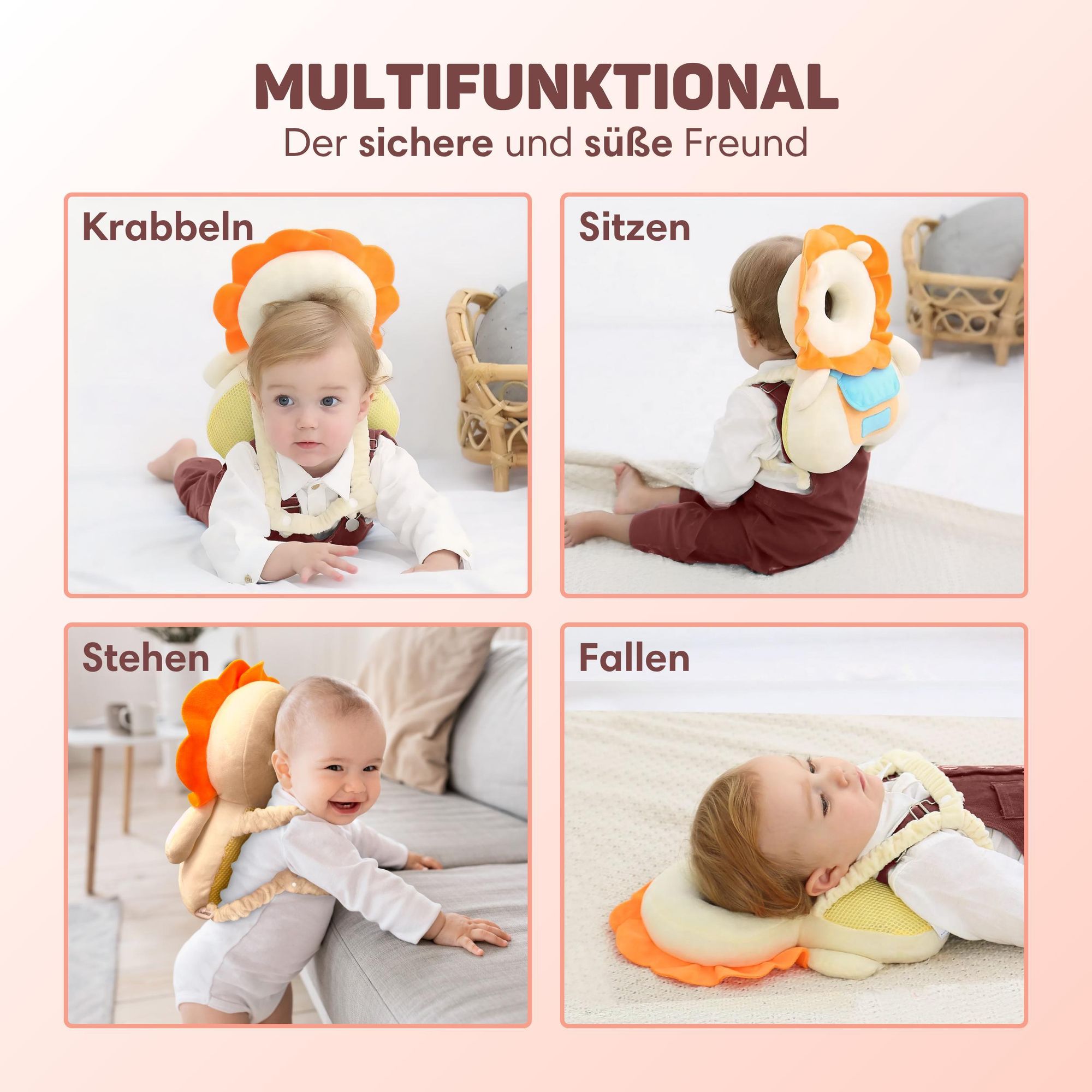 Vulpes Goods Baby Kopfschutz, Fallschutz-Rucksack für Kinder, 3D Löwenform, Kopf-Rückenprotektor Kleinkinder, sicher Krabbeln & Gehen lernen