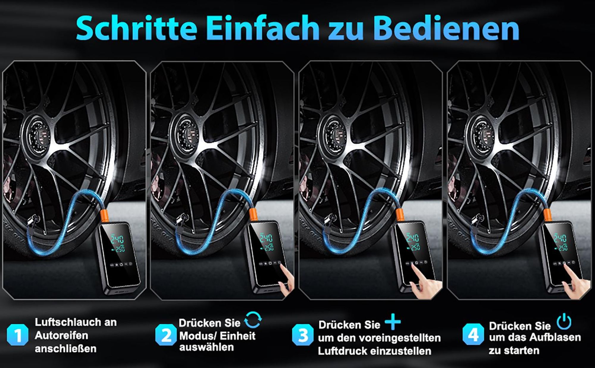 Elektrische Luftpumpe 150PSI, Tragbarer Akku Kompressor 12V 6000mAh, Wiederaufladbare USB-C Luftpumpe Fahrrad Elektrisch mit Notbeleuchtung und Digita