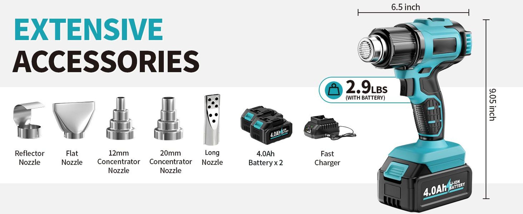 Akku-Heißluftpistole 21V mit 2x 4000mAh Akku & 5 Düsen - 550°C / 300°C Heißluftgebläse, Sicher & Ergonomisch, für Handwerk, Auto, Bau & DIY Projekte