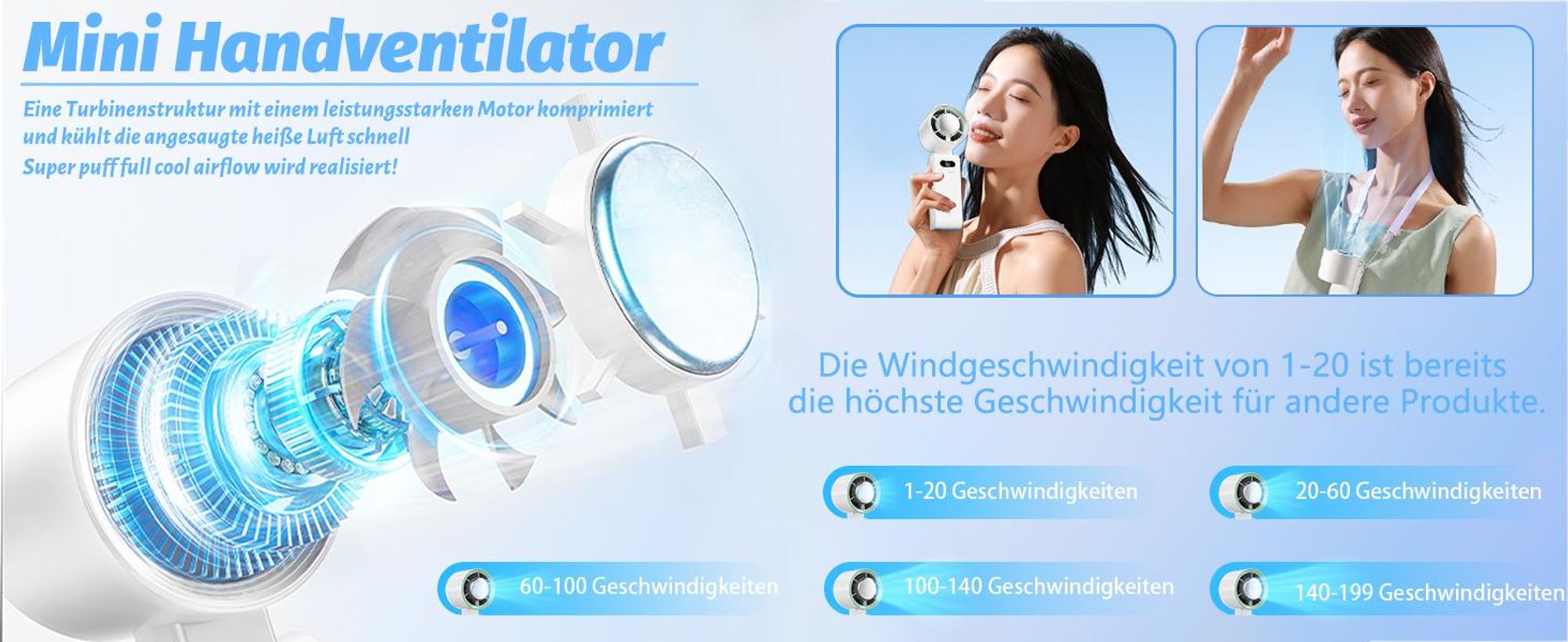 Handventilator, Tragbarer Ventilator,  Mini Lüfter, Mini Ventilator, Nackenventilator, 1-199 Geschwindigkeiten, mit Kühlfunktion, 5000mAh Akku