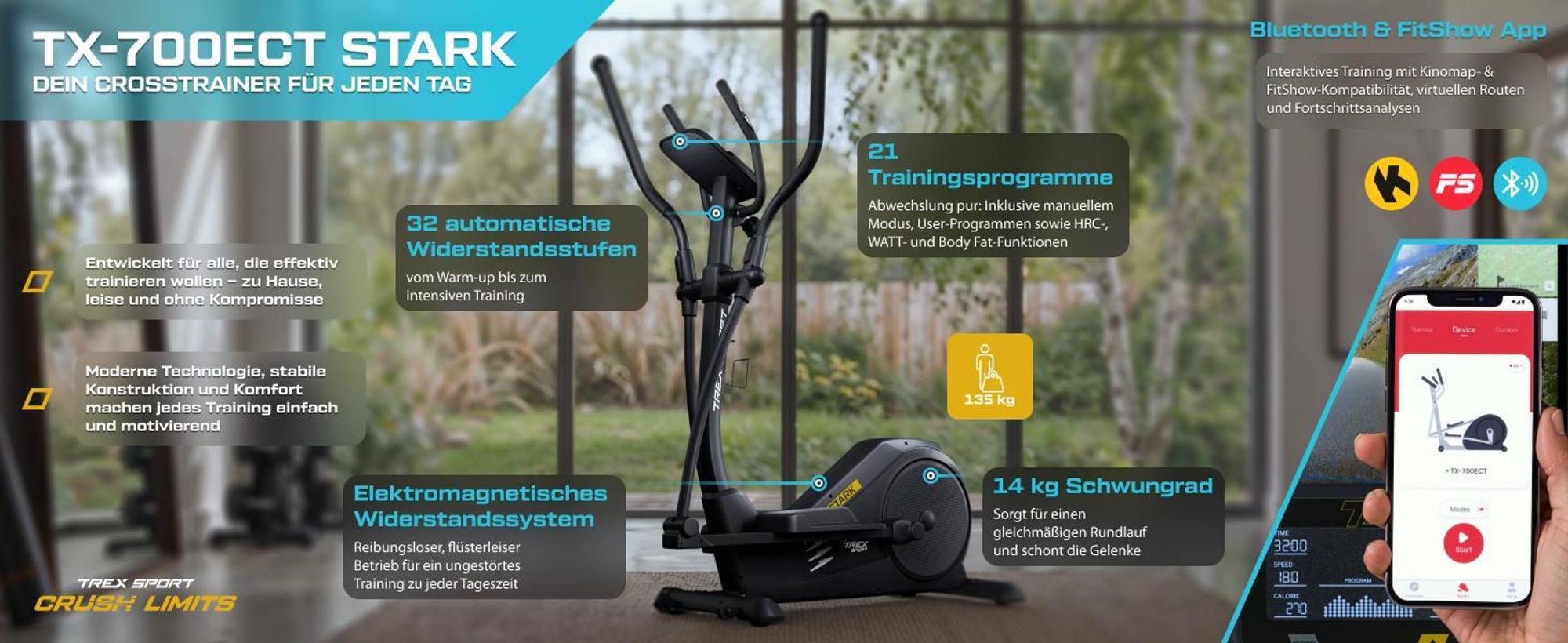 TREX SPORT Crosstrainer für zuhause TX-700ECT STARK | Ellipsentrainer, 32-stufiger Widerstand, Pulssensoren, Bluetooth | Trainingsprogramme, bis 135kg