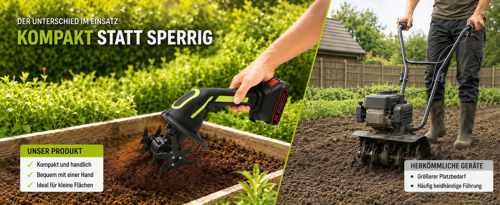 Multifunktionaler Mikro-Tiller, 100mm, elektrische Gartenfräse, 235 U/min, batteriebetriebener Rototiller für Gartenarbeit, 2 Akku und Ladegerät