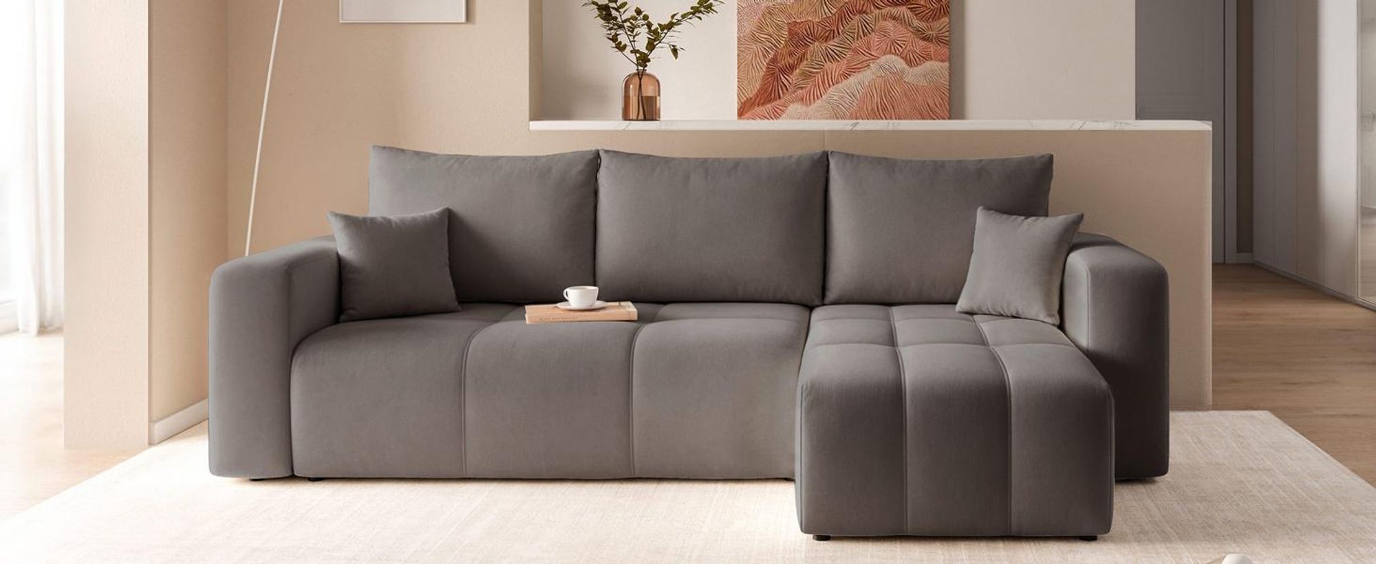Idohome–Moderne Ecksofa mit Schlaffunktion und L-förmigen Steppungen, Couchgarnitur, Universale Couch, Sofa, Bettcouch, PEDROO - Farbe Grau Manila 16