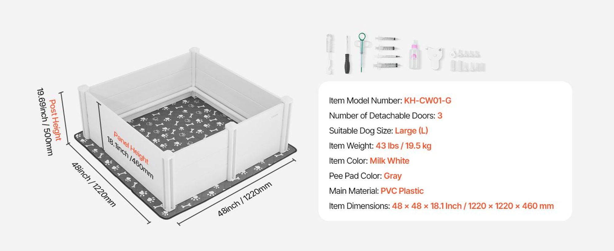VEVOR Wurfbox für Hunde, 48 x 48 x 18,1 Zoll, Kunststoff PVC Welpen-Spielbereich mit höhenverstellbarer Tür und waschbarem Urinpad, anti-deformierbarer Indoor-Welpen-Spielbereich für große Hunderassen, Milchweiß, 122x122x46 cm