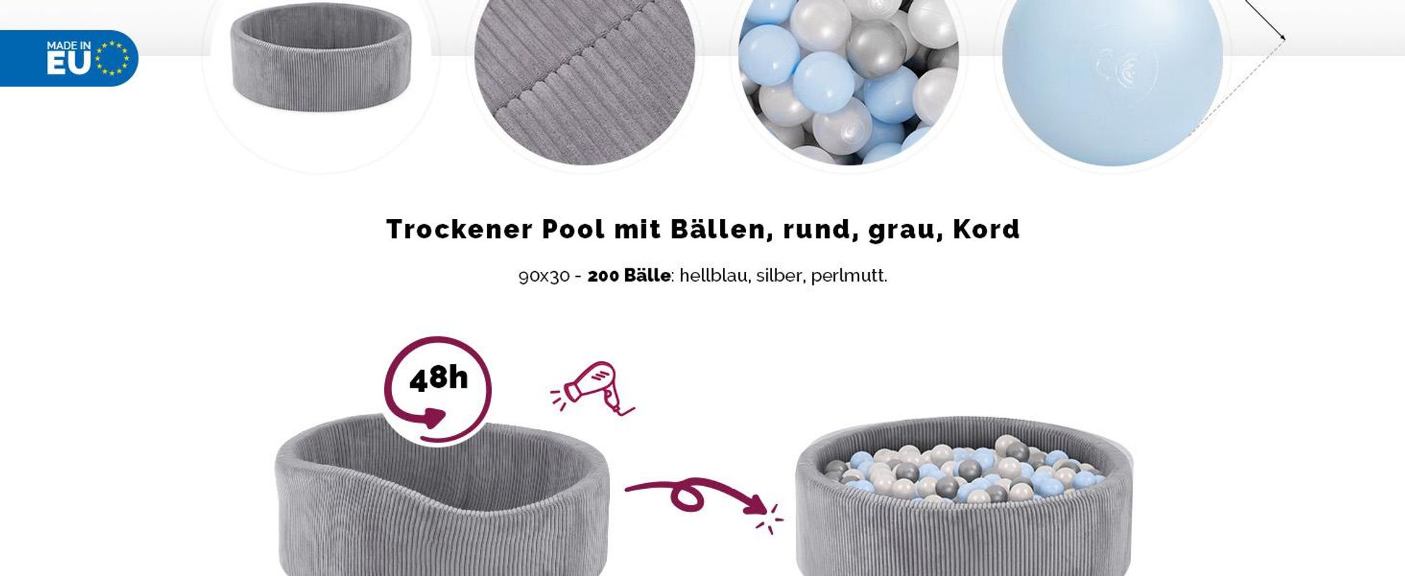 MISIOO Bällebad mit Schaumstoff-Füllung - 90x30cm - 200 Bälle für Bällebad - Hochwertige Bällebad Bälle für Kinder- Sicheres Spielzeug - Hellgrau